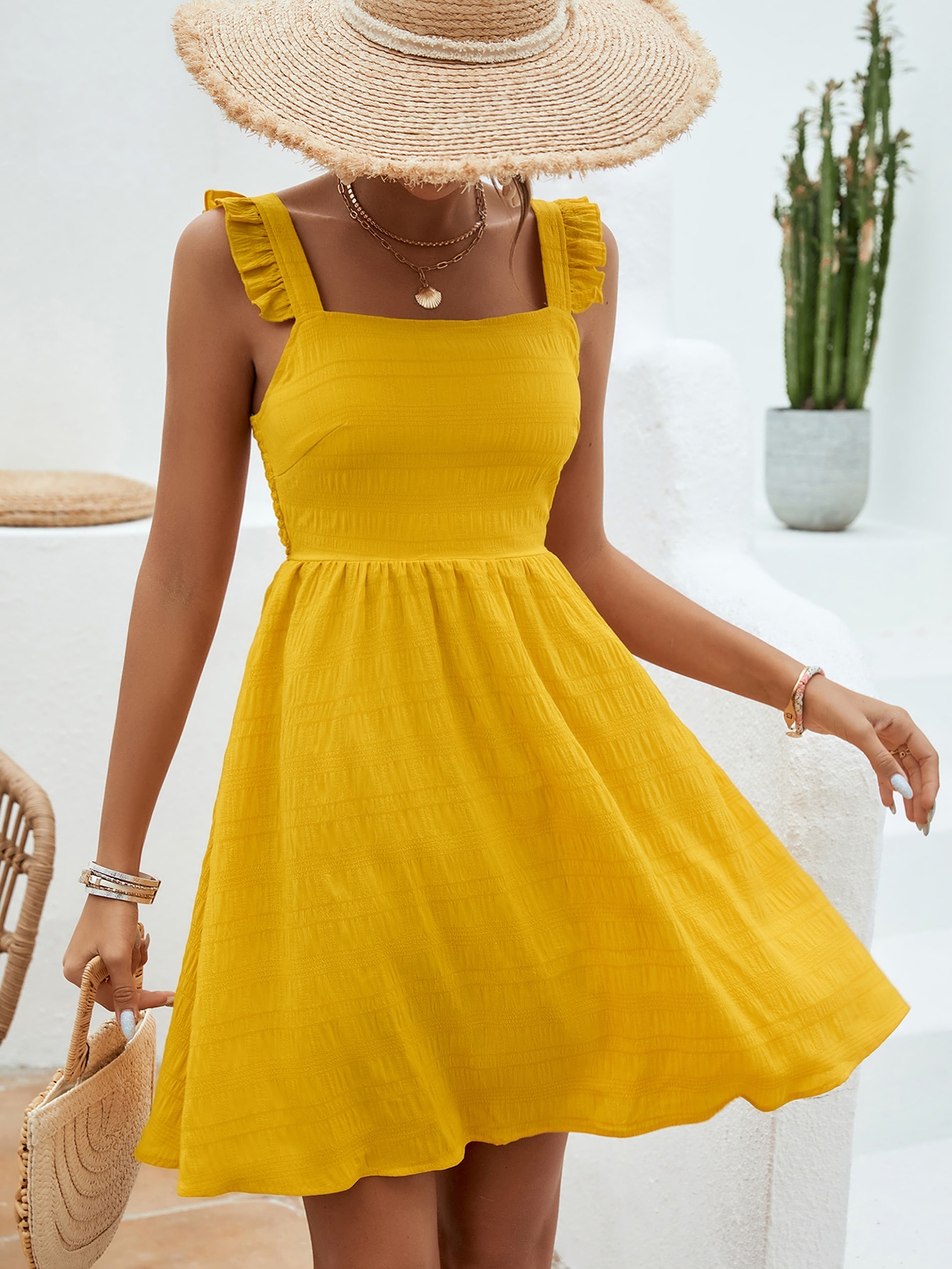 Solid Ruffle Trim Cami Dress