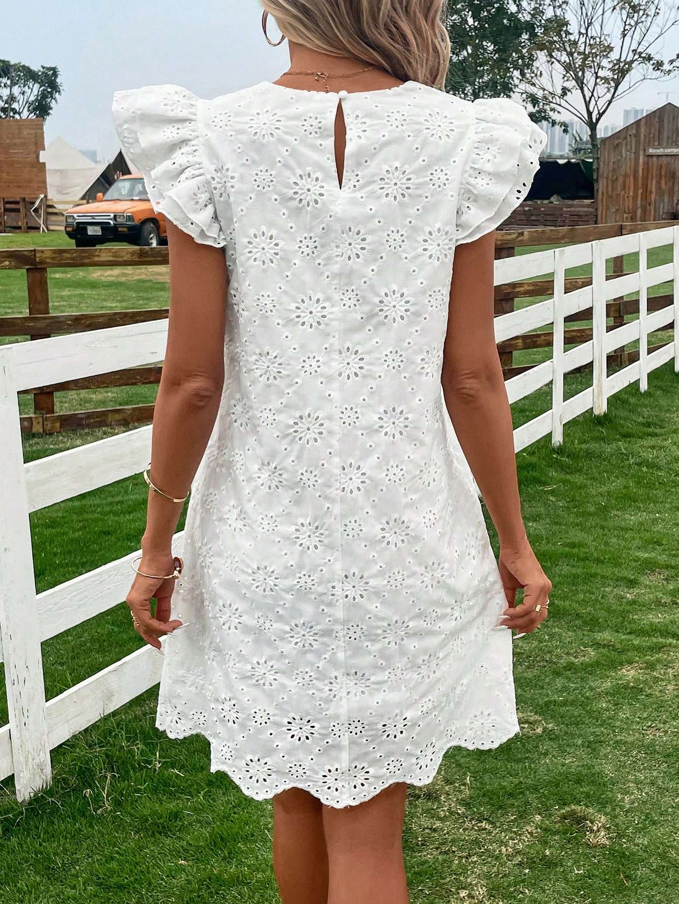 Eyelet Embroidery Butterfly Sleeve Dress