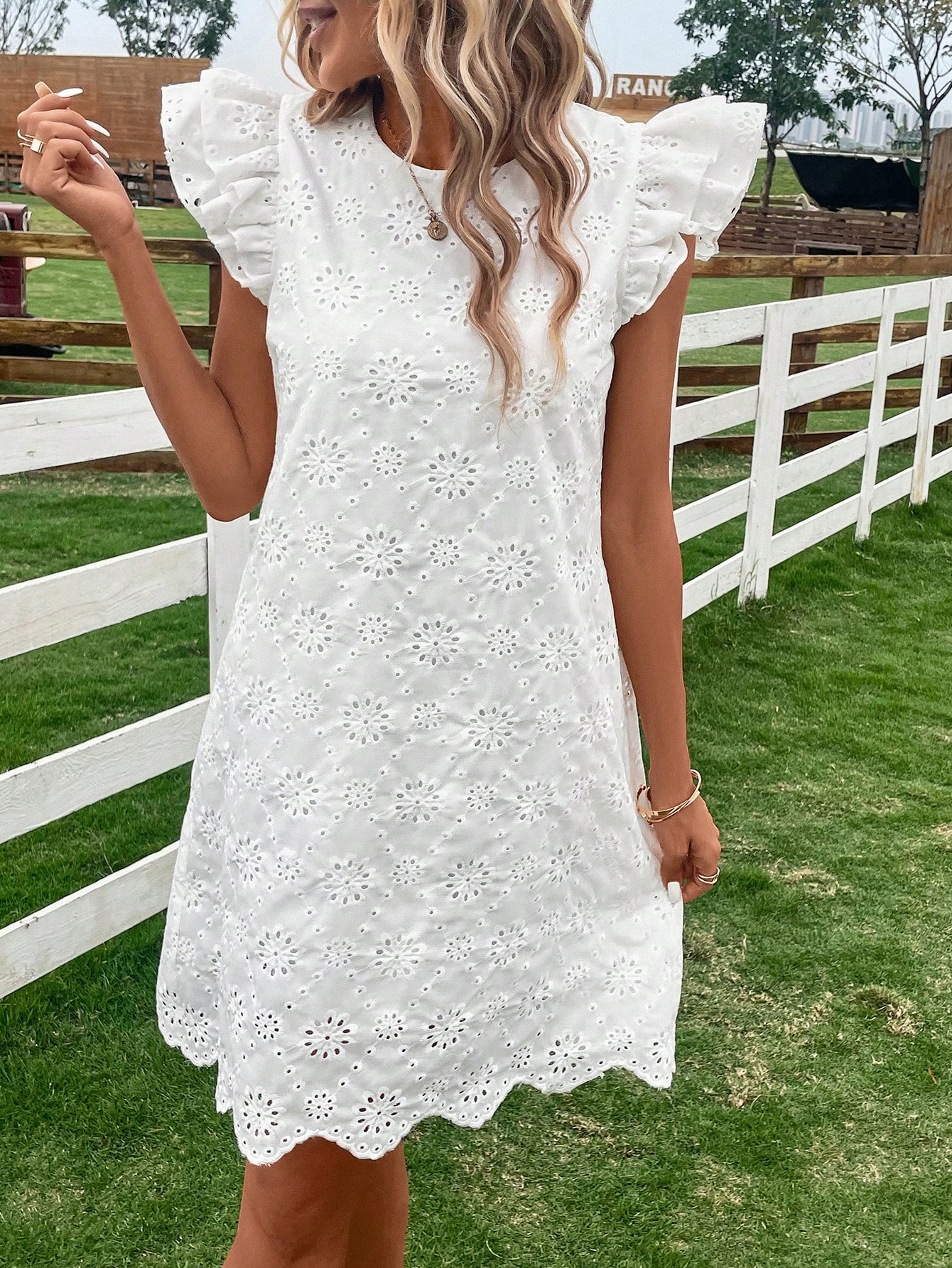 Eyelet Embroidery Butterfly Sleeve Dress