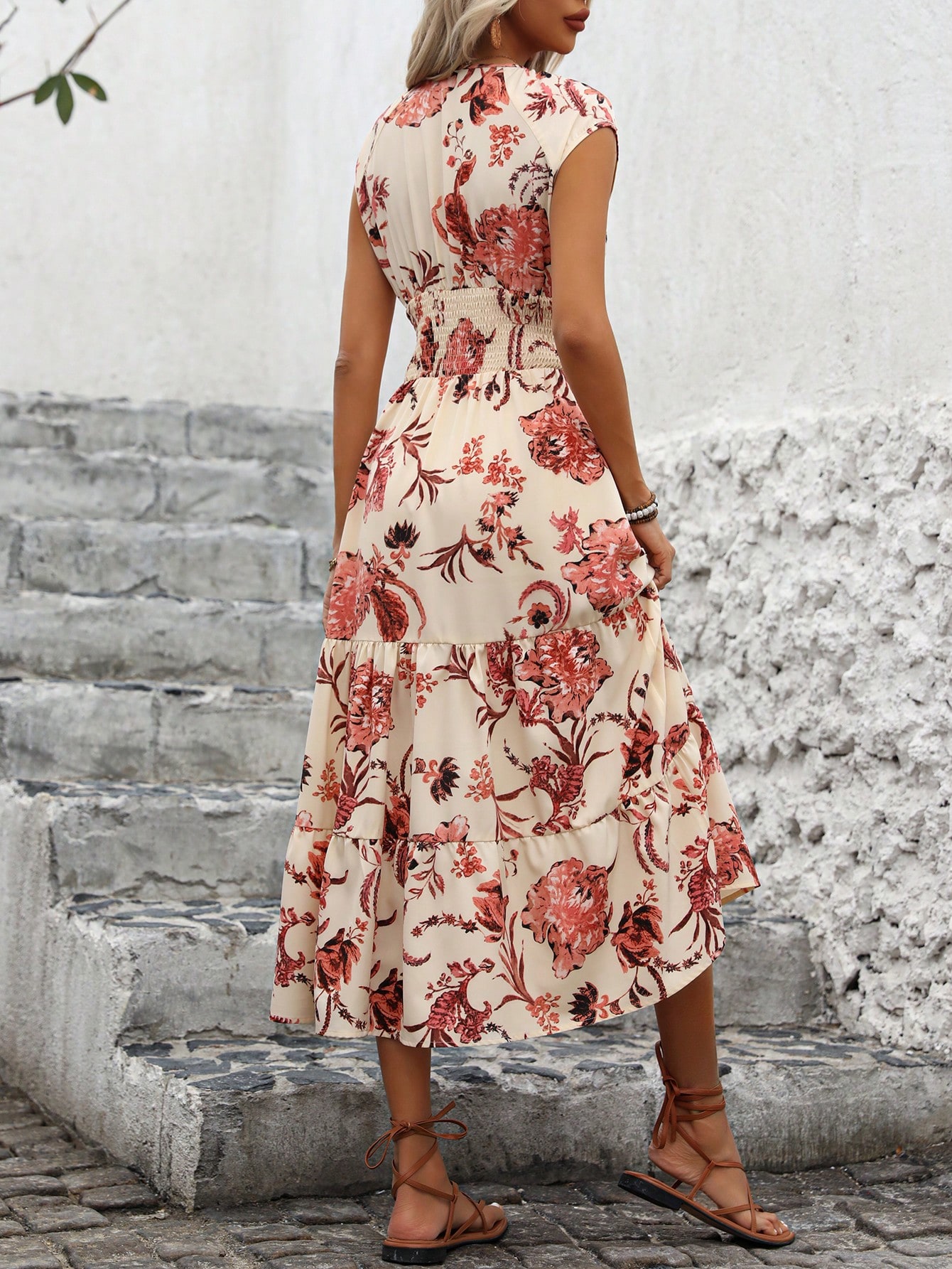 Women's Floral Printed V-Neck Wrap Waist Vacation Dress