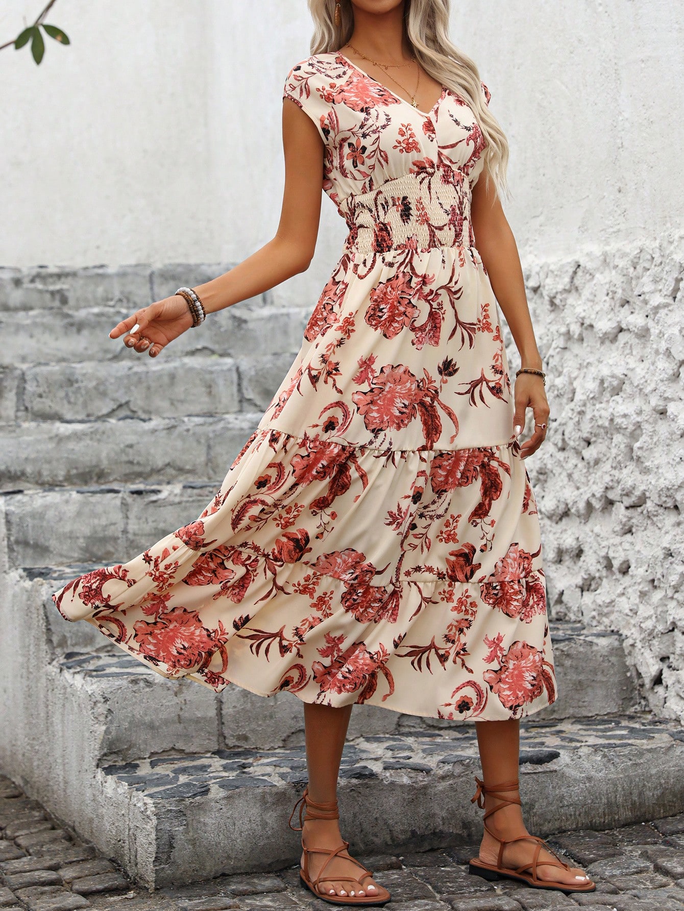 Women's Floral Printed V-Neck Wrap Waist Vacation Dress