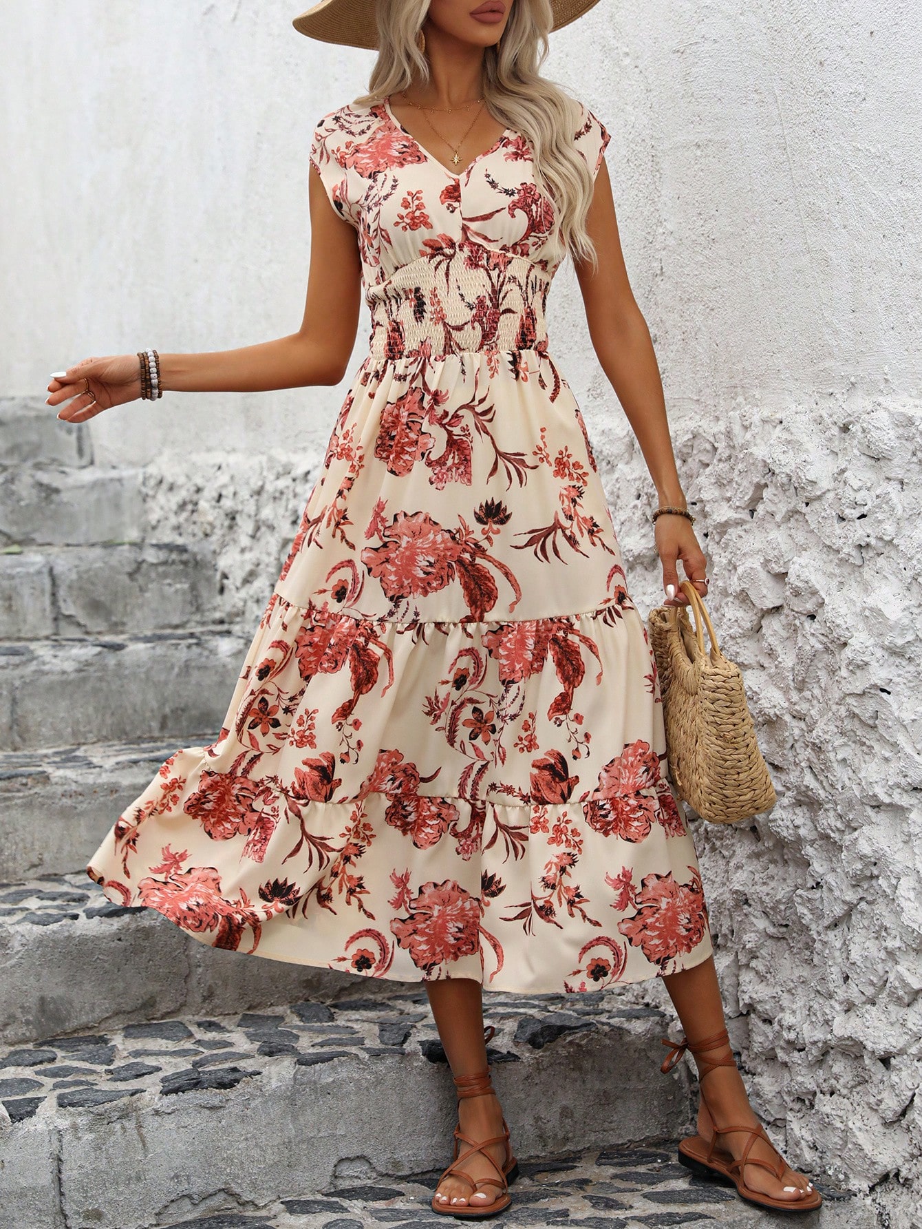 Women's Floral Printed V-Neck Wrap Waist Vacation Dress