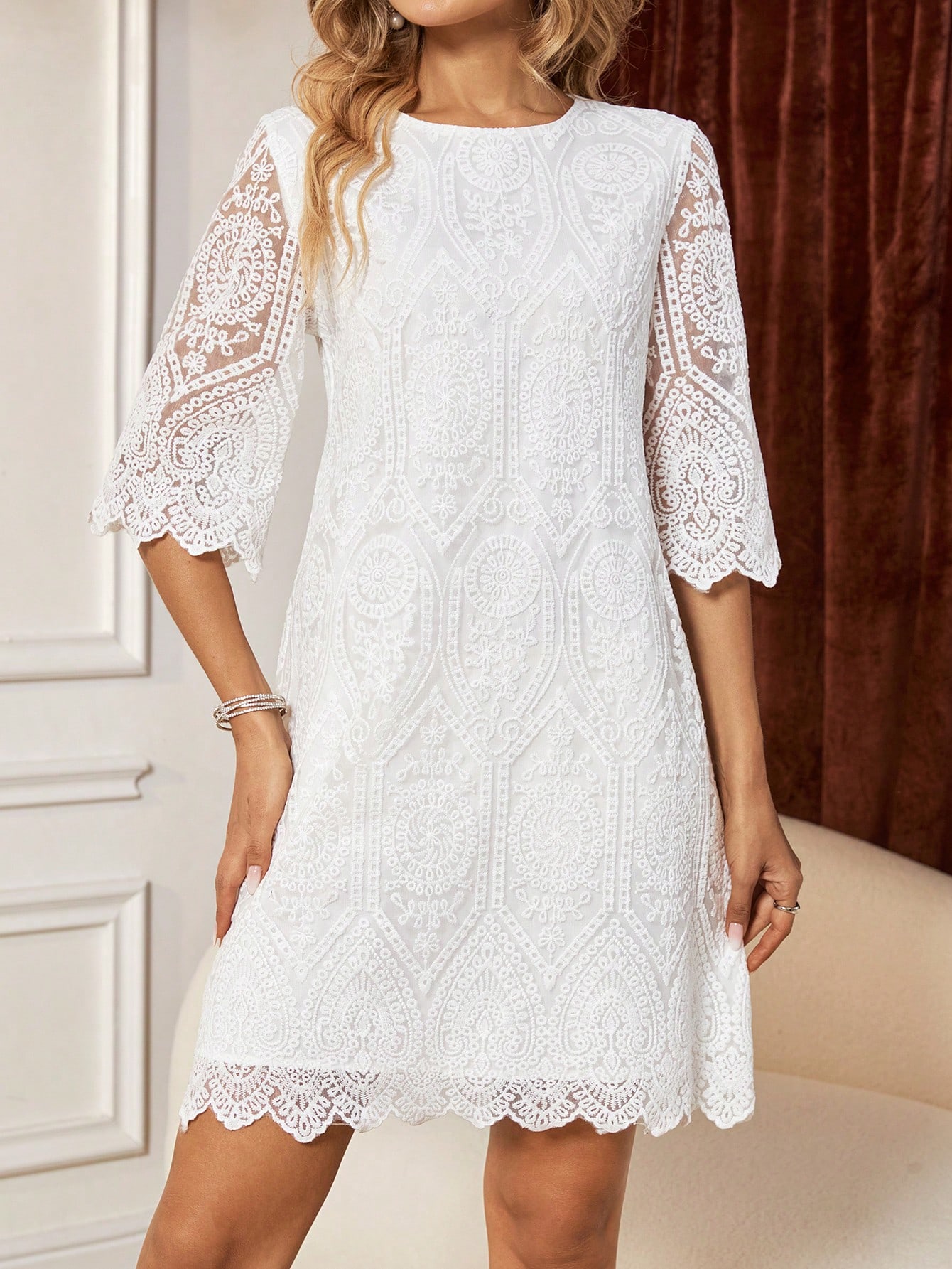 Scallop Trim Guipure Lace Overlay Dress