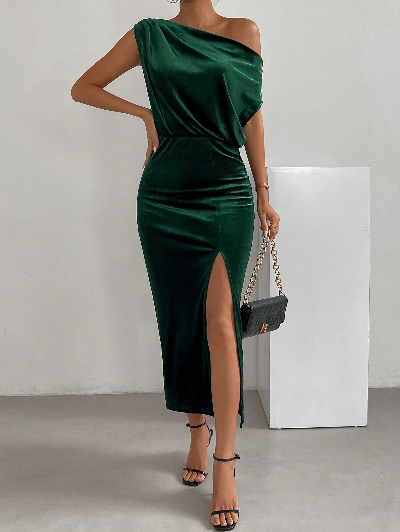 Asymmetrical Neck Ruched Split Thigh Dress