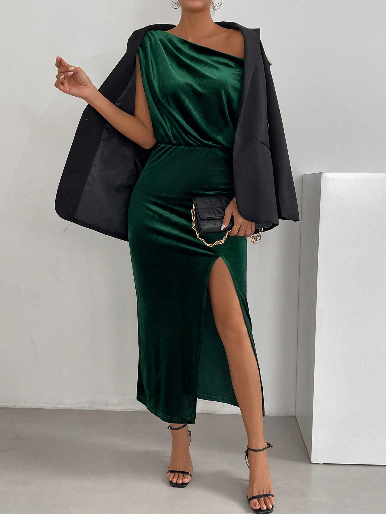 Asymmetrical Neck Ruched Split Thigh Dress