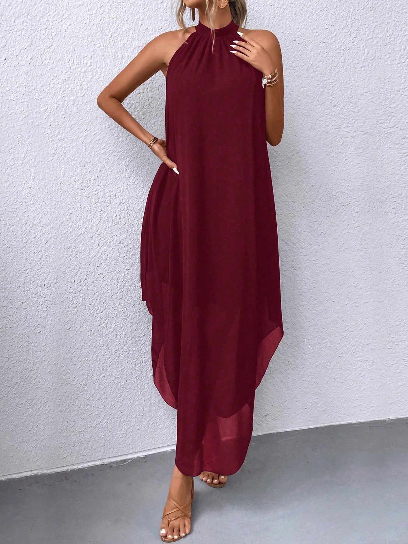 Solid Color Back Keyhole Neck Loose Fit Asymmetric Hem Dress