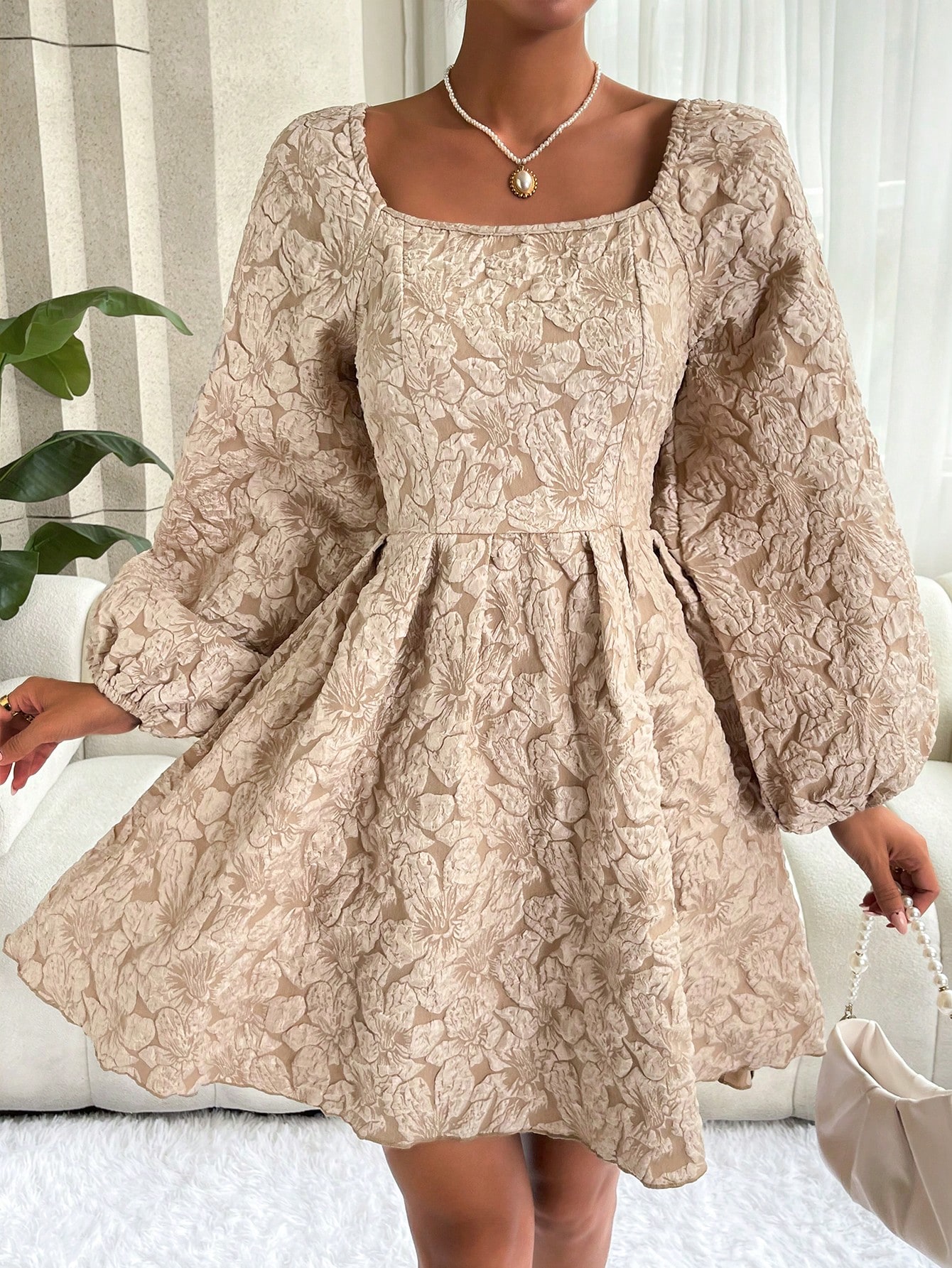 Unity Jacquard Lantern Sleeve Fold Pleated Detail Dress