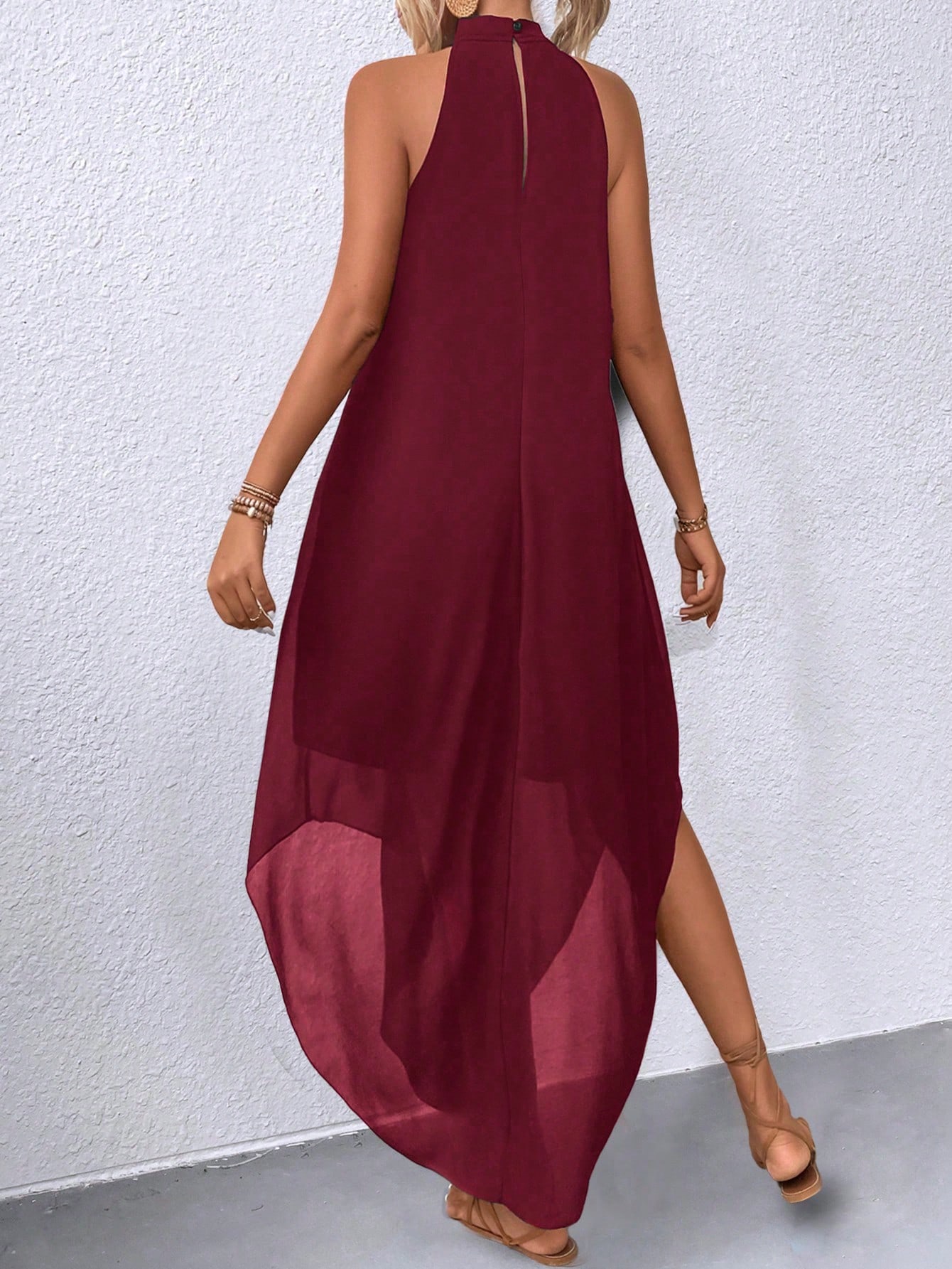 Solid Color Back Keyhole Neck Loose Fit Asymmetric Hem Dress