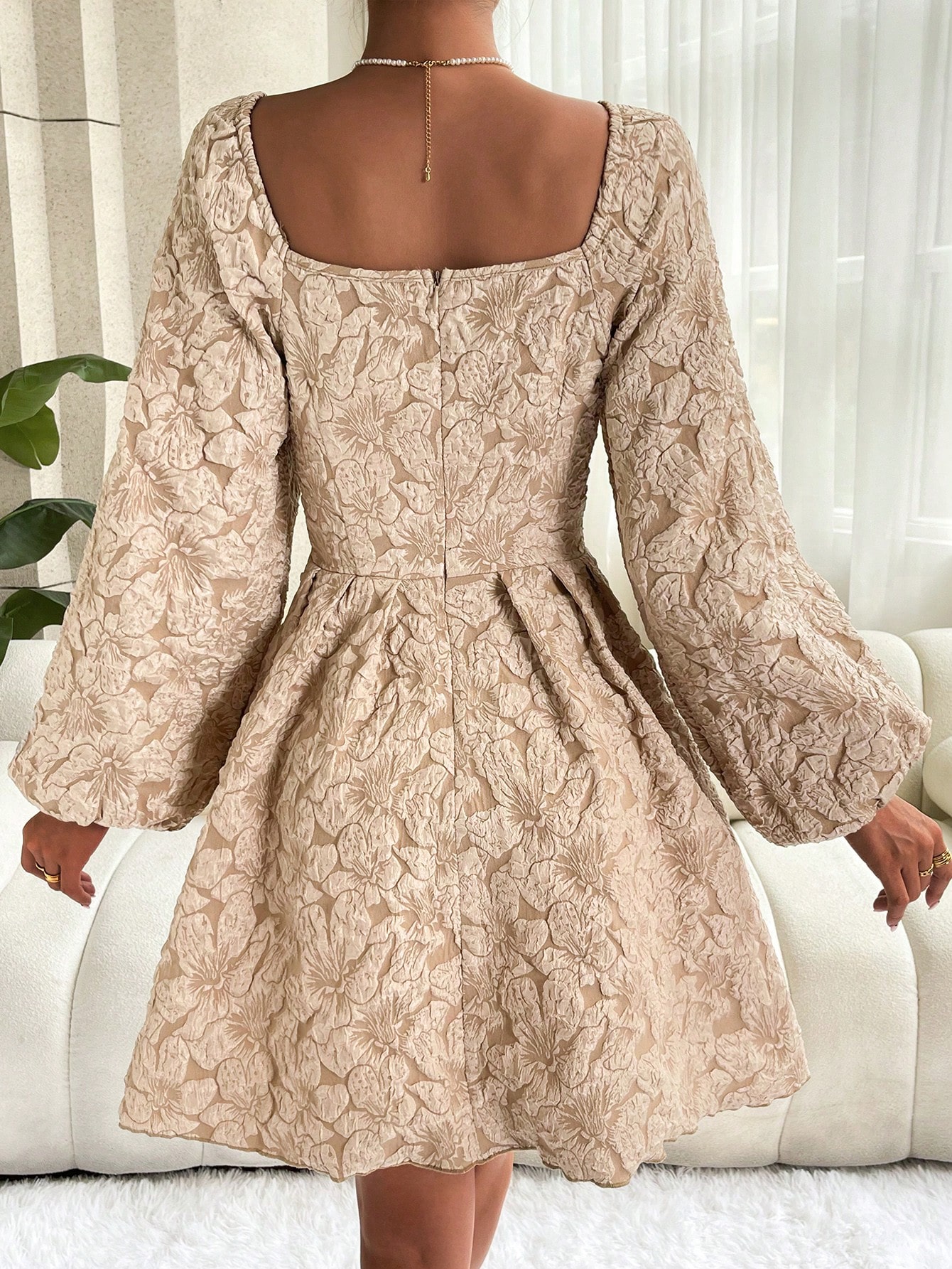 Unity Jacquard Lantern Sleeve Fold Pleated Detail Dress