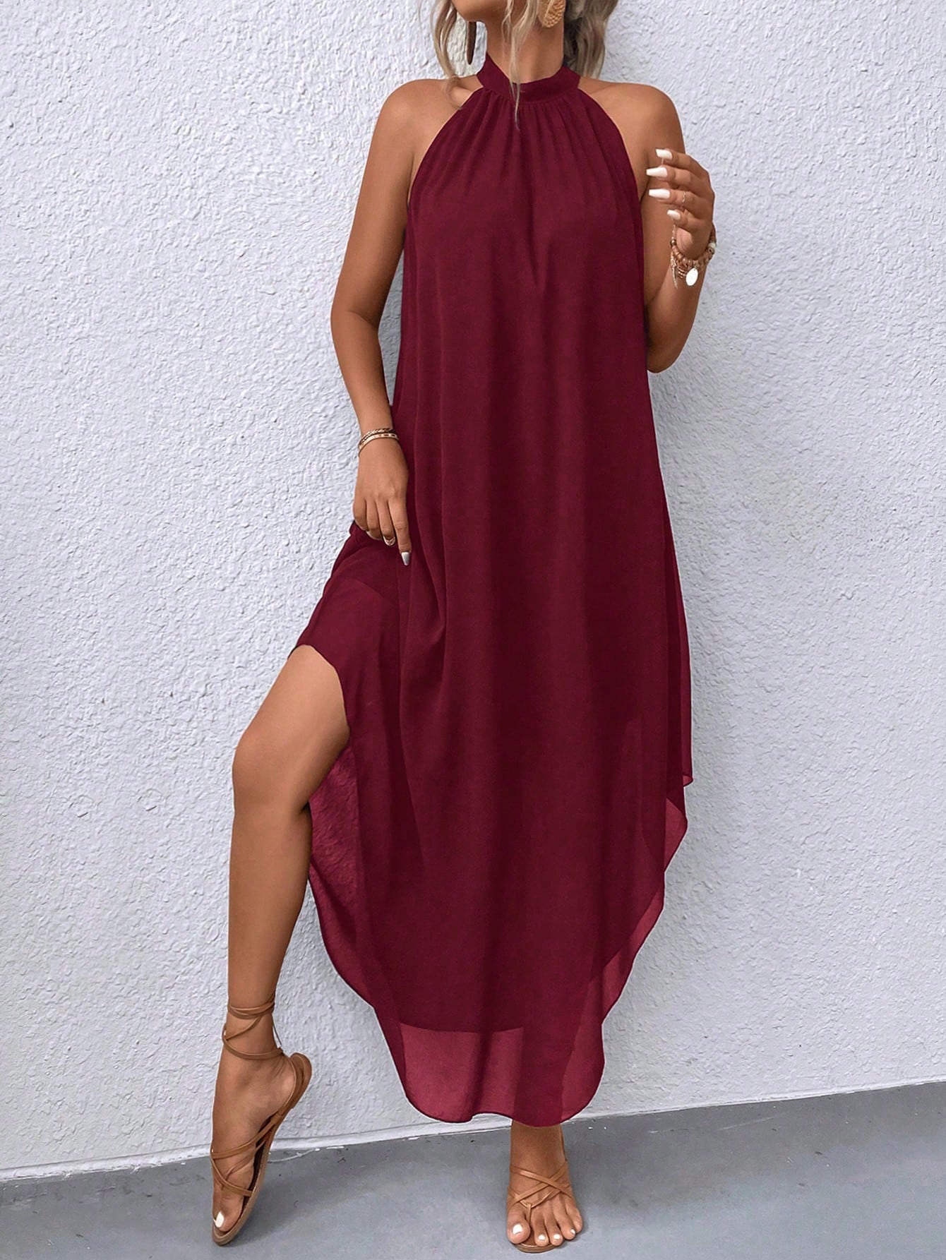 Solid Color Back Keyhole Neck Loose Fit Asymmetric Hem Dress