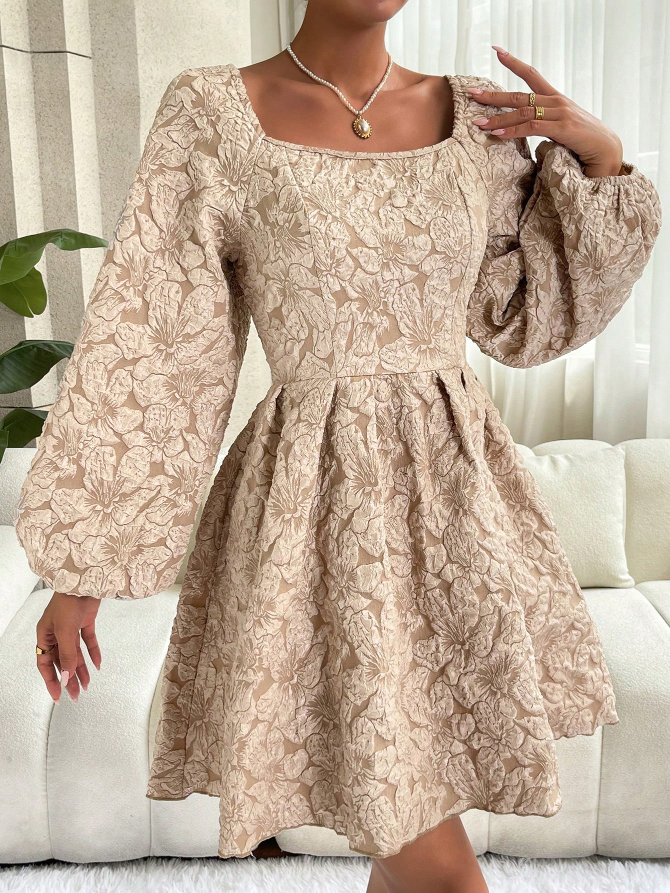 Unity Jacquard Lantern Sleeve Fold Pleated Detail Dress