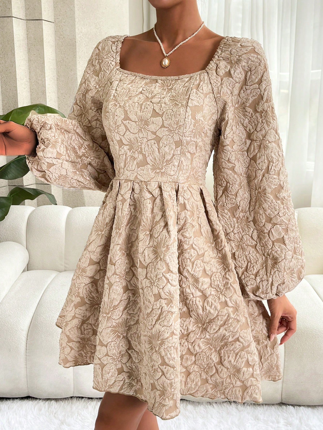 Unity Jacquard Lantern Sleeve Fold Pleated Detail Dress