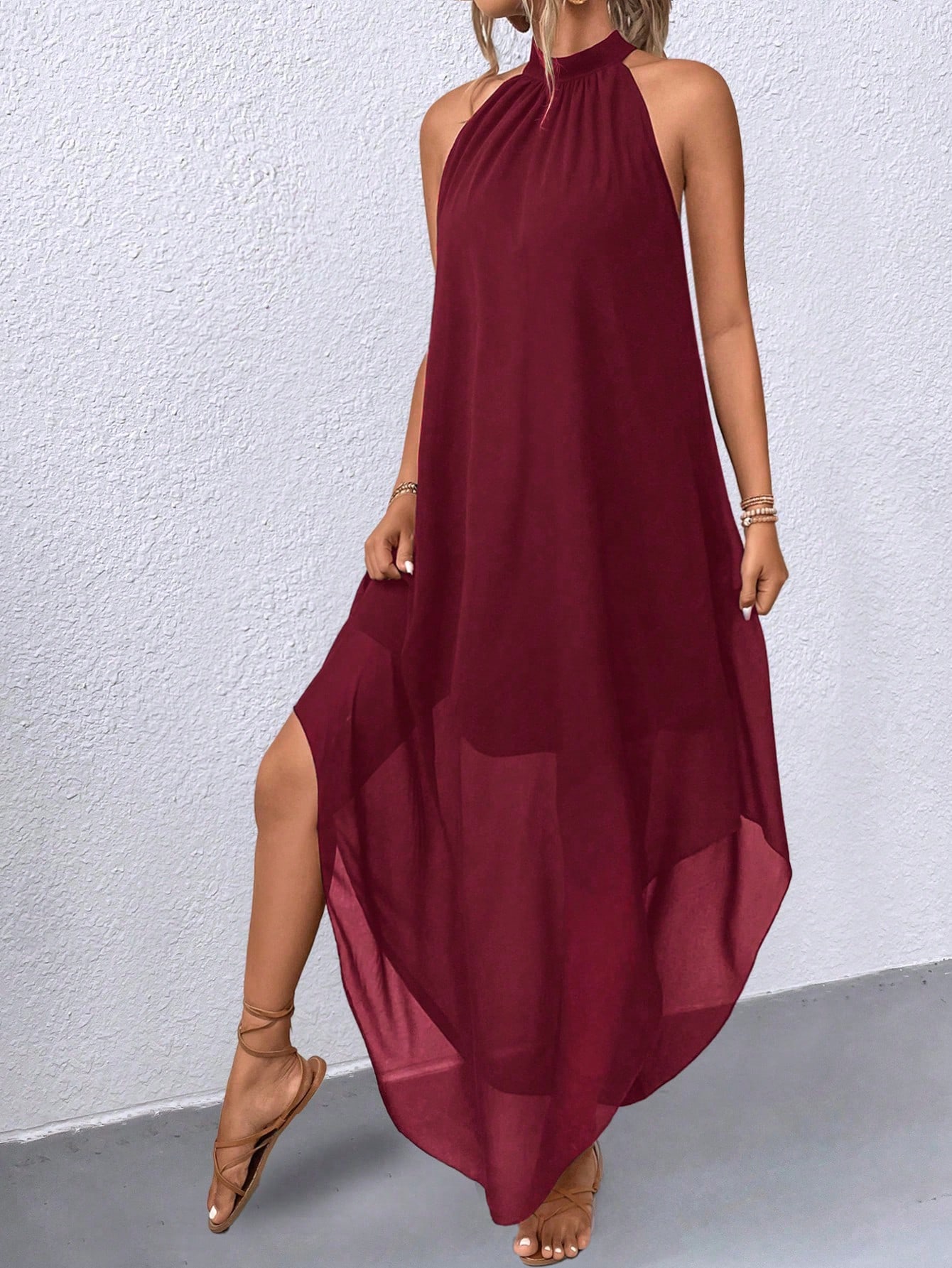 Solid Color Back Keyhole Neck Loose Fit Asymmetric Hem Dress