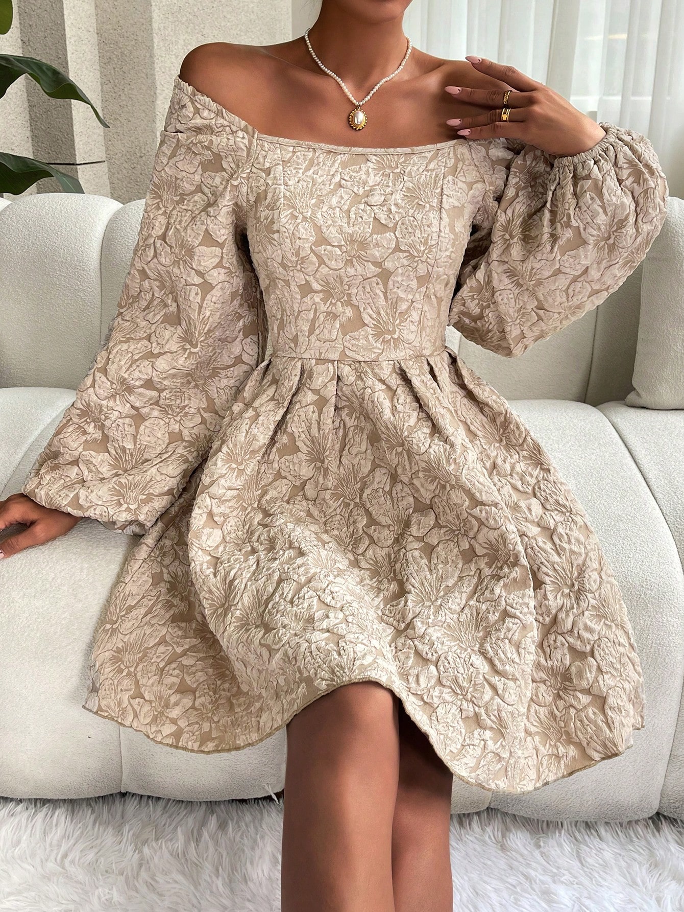 Unity Jacquard Lantern Sleeve Fold Pleated Detail Dress