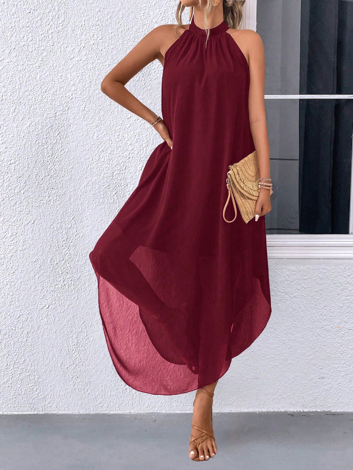 Solid Color Back Keyhole Neck Loose Fit Asymmetric Hem Dress