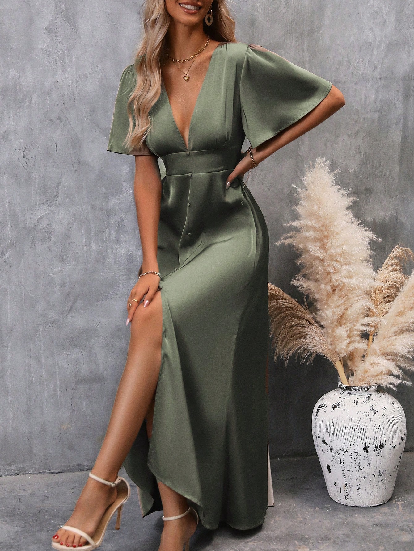 Plunging Neck Butterfly Sleeve Split Thigh Satin Dress