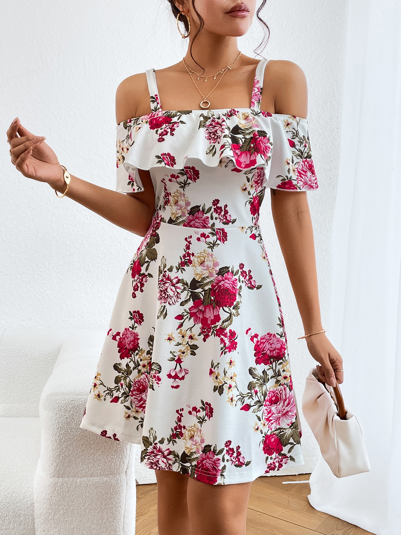 Floral Print Cold Shoulder Ruffle Trim Spring Dress