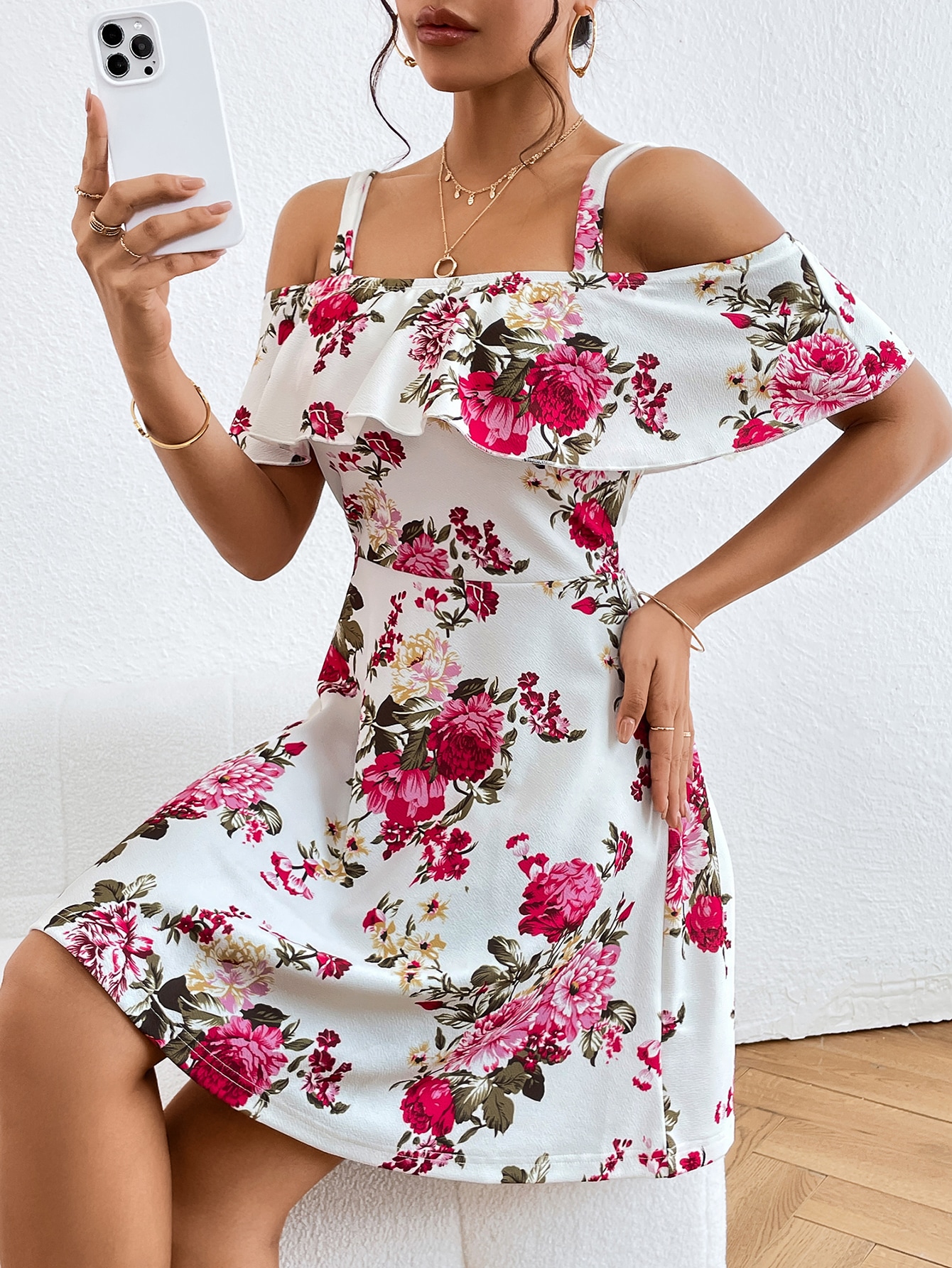 Floral Print Cold Shoulder Ruffle Trim Spring Dress