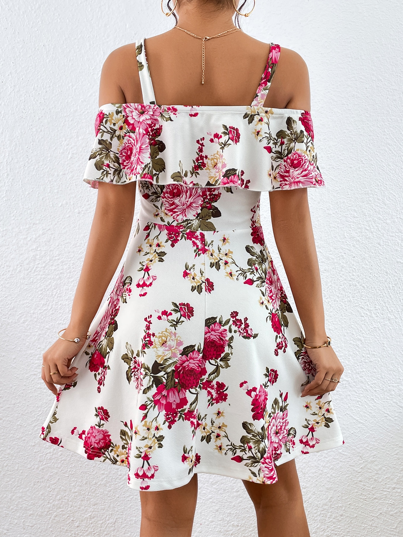 Floral Print Cold Shoulder Ruffle Trim Spring Dress