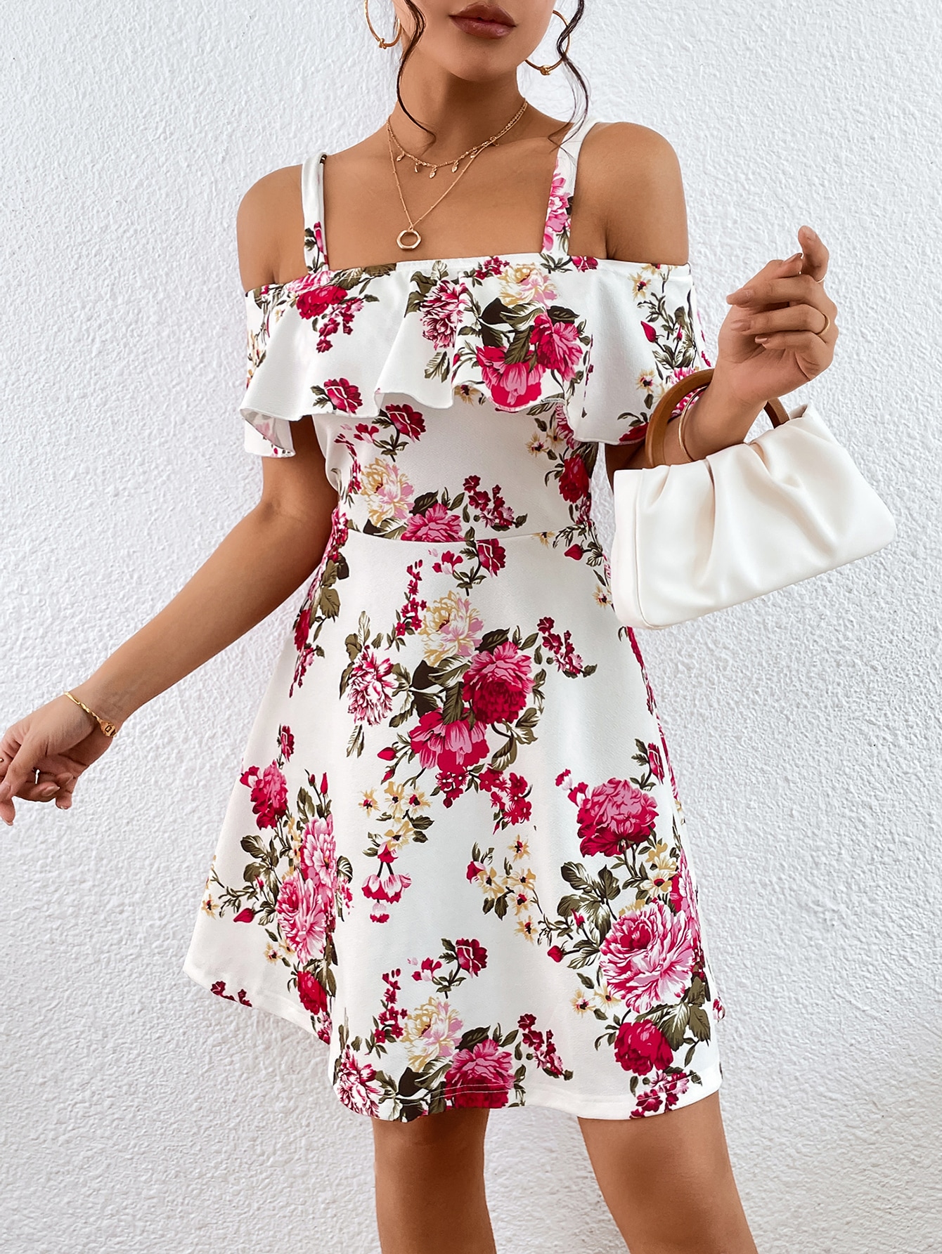 Floral Print Cold Shoulder Ruffle Trim Spring Dress