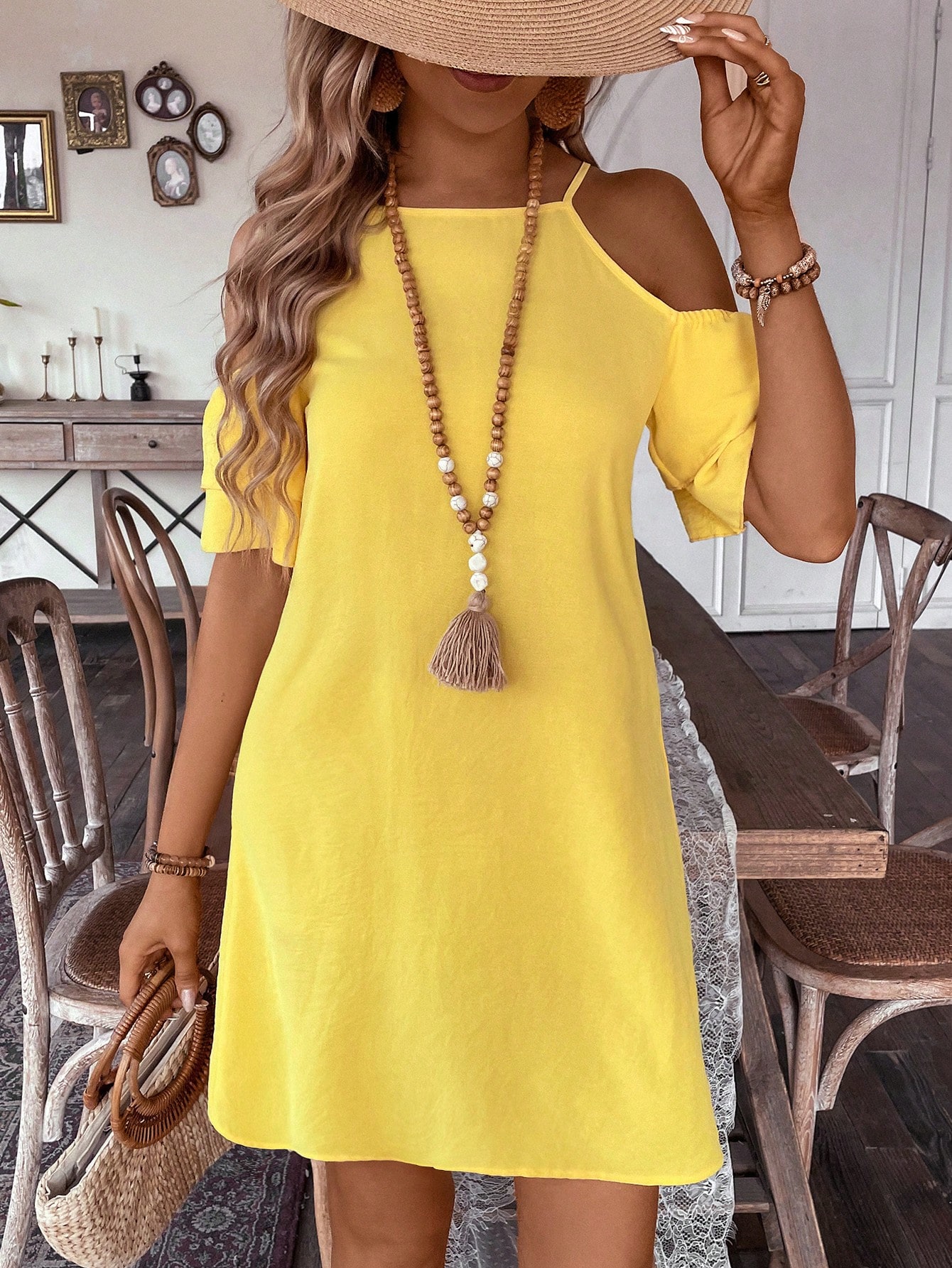 Single Color Off Shoulder Loose Fit Dress