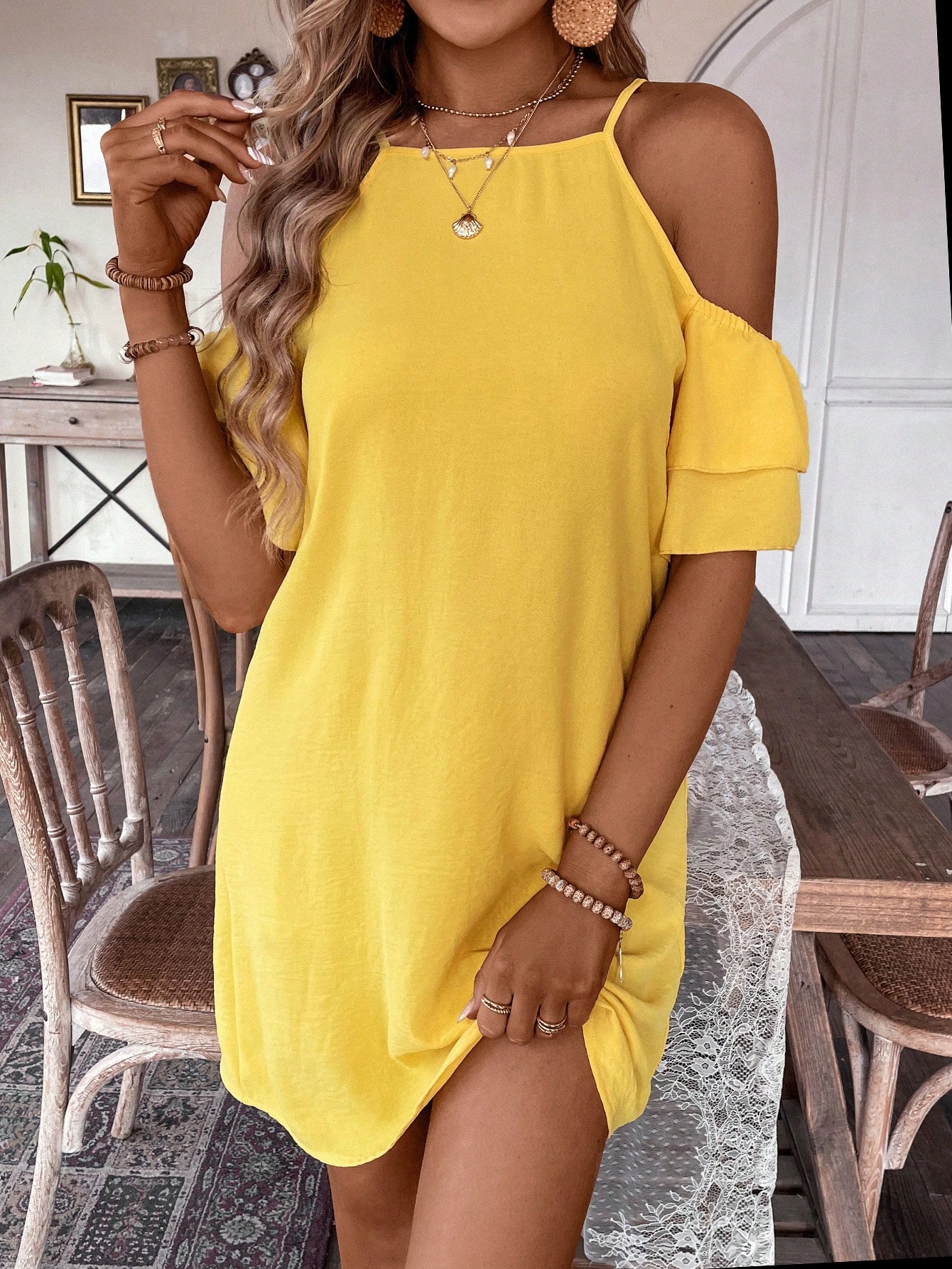 Single Color Off Shoulder Loose Fit Dress