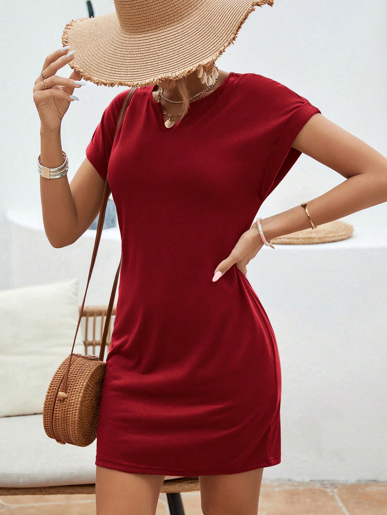 Solid Notched Neck Batwing Sleeve Tee Dress