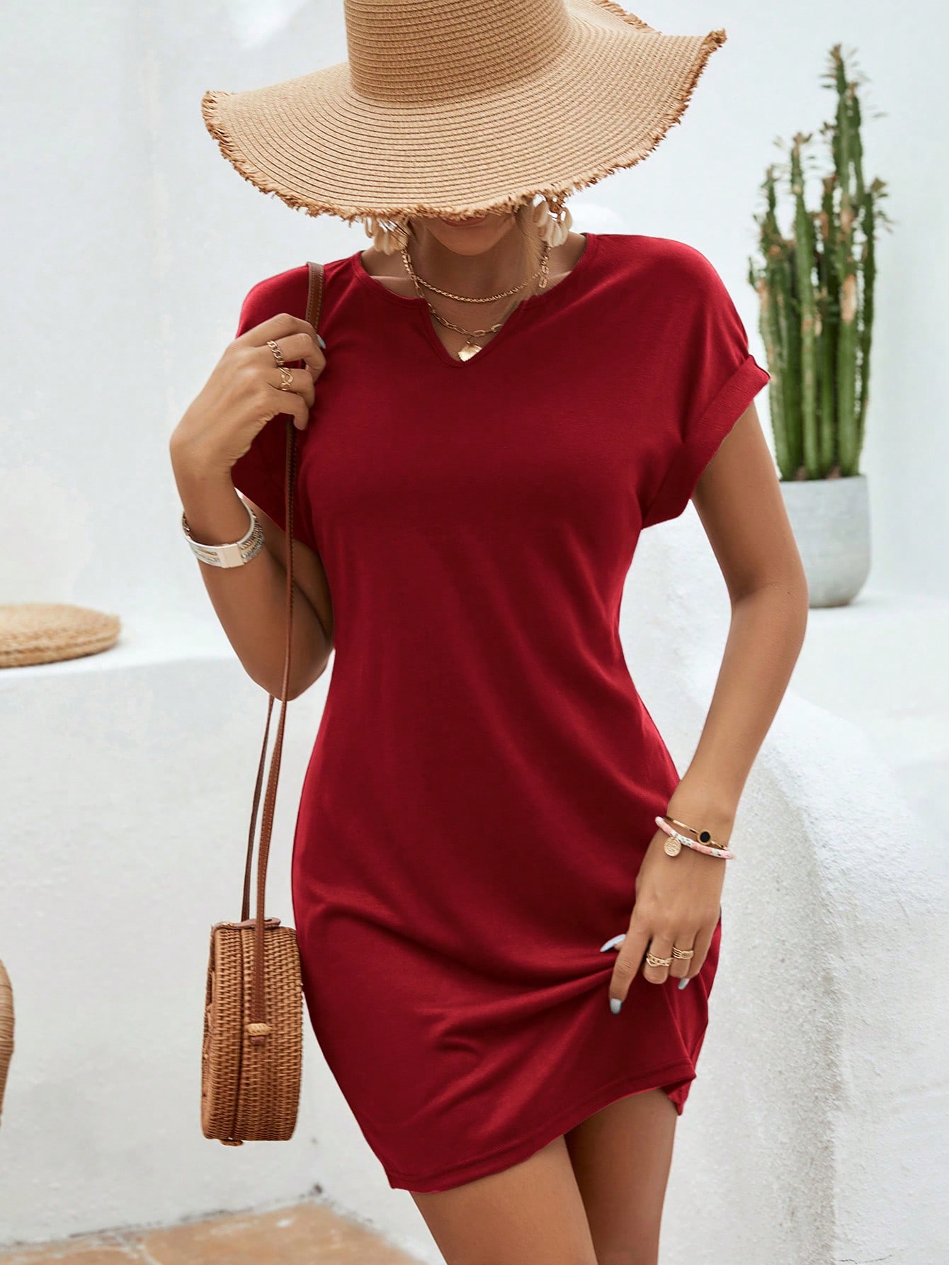 Solid Notched Neck Batwing Sleeve Tee Dress