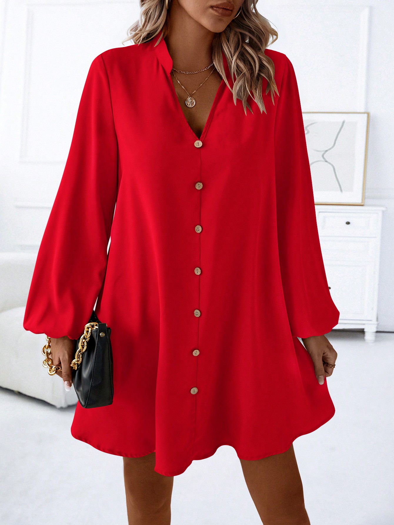 Notched Neckline Button Decor Lantern Sleeve Dress