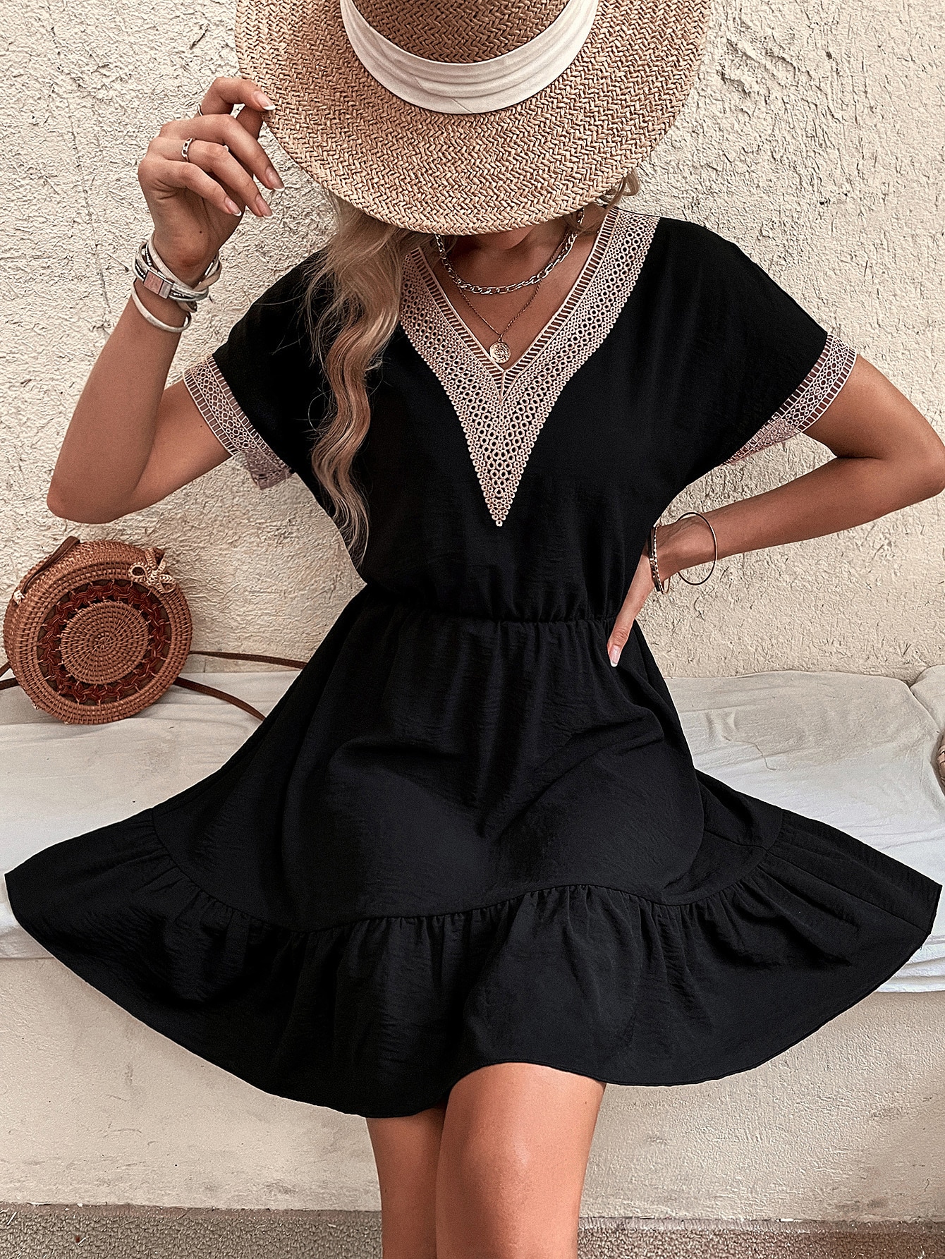 Guipure Lace Panel Batwing Sleeve Ruffle Hem Dress