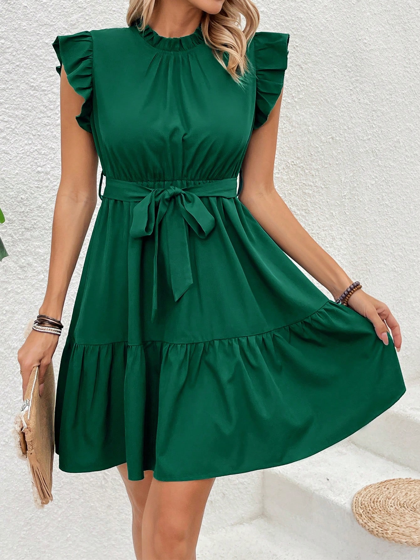 Solid Color Peter Pan Collar Short Flying Sleeve A-Line Dress With Belt And Frill Detail