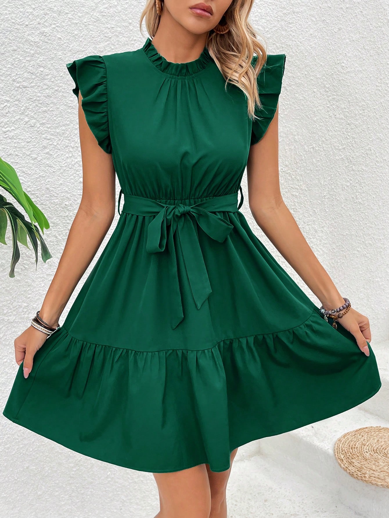 Solid Color Peter Pan Collar Short Flying Sleeve A-Line Dress With Belt And Frill Detail