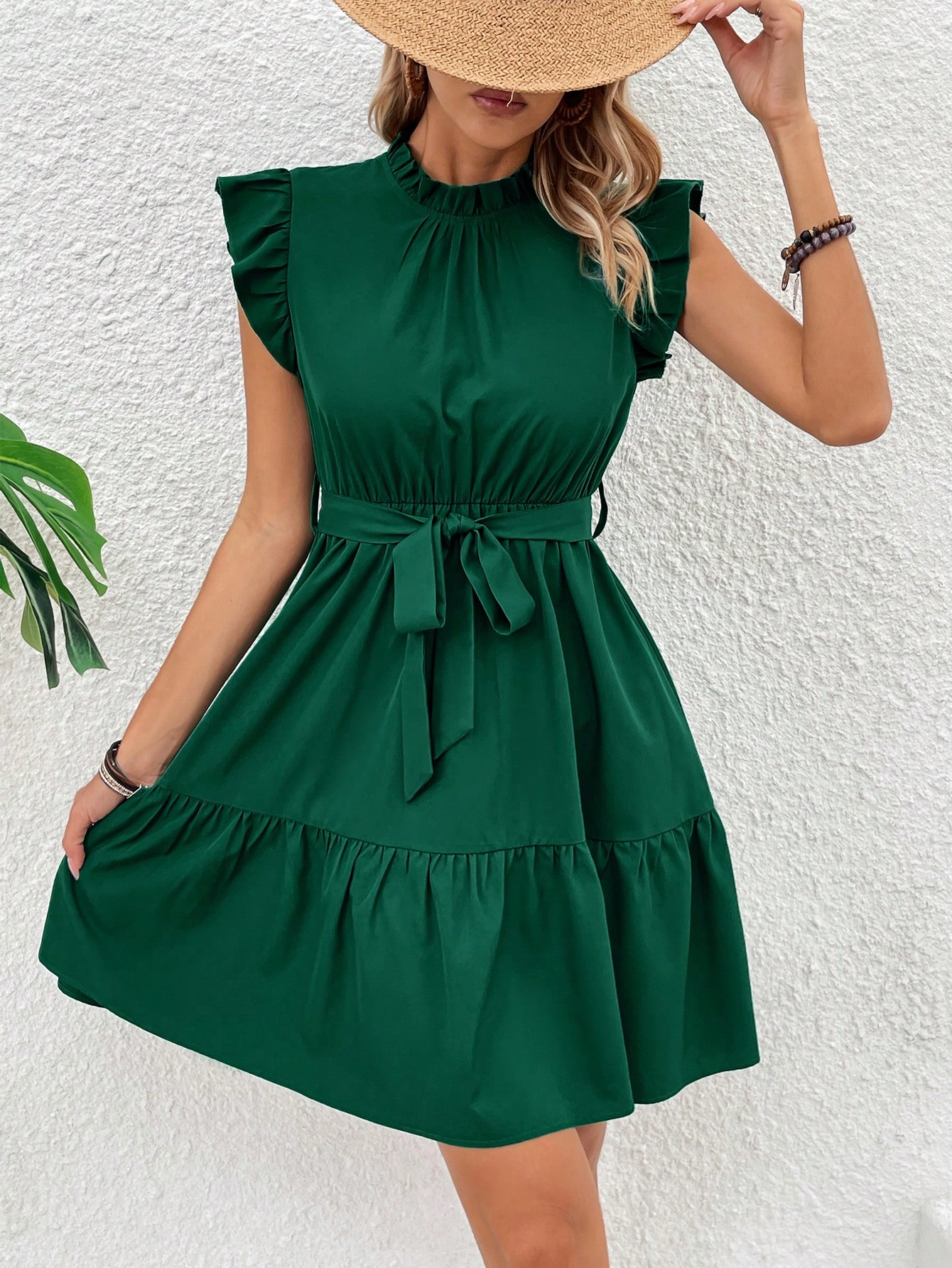 Solid Color Peter Pan Collar Short Flying Sleeve A-Line Dress With Belt And Frill Detail