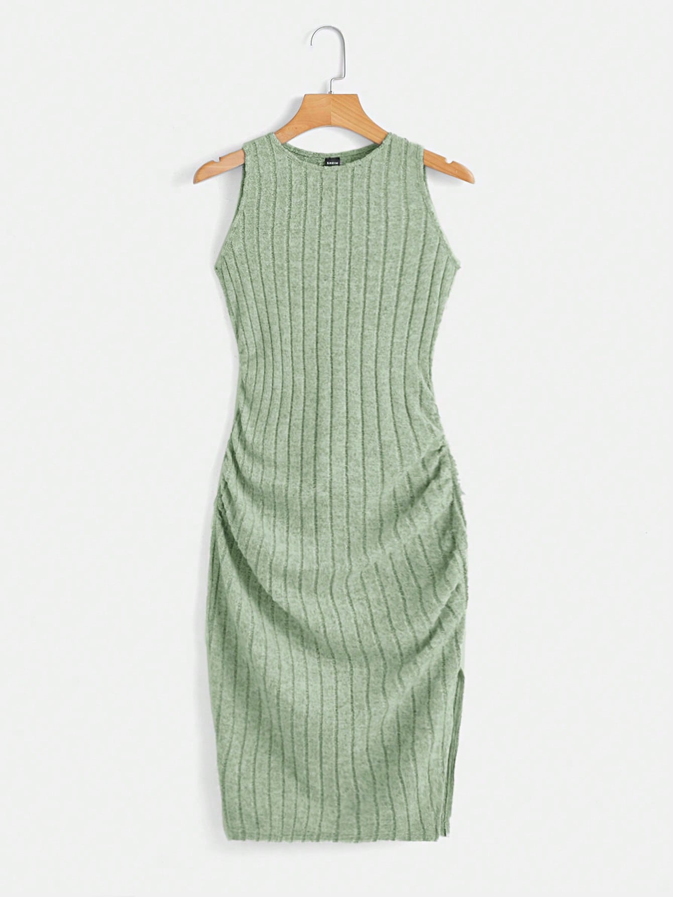 Solid Ruched Ribbed Knit Split Thigh Dress