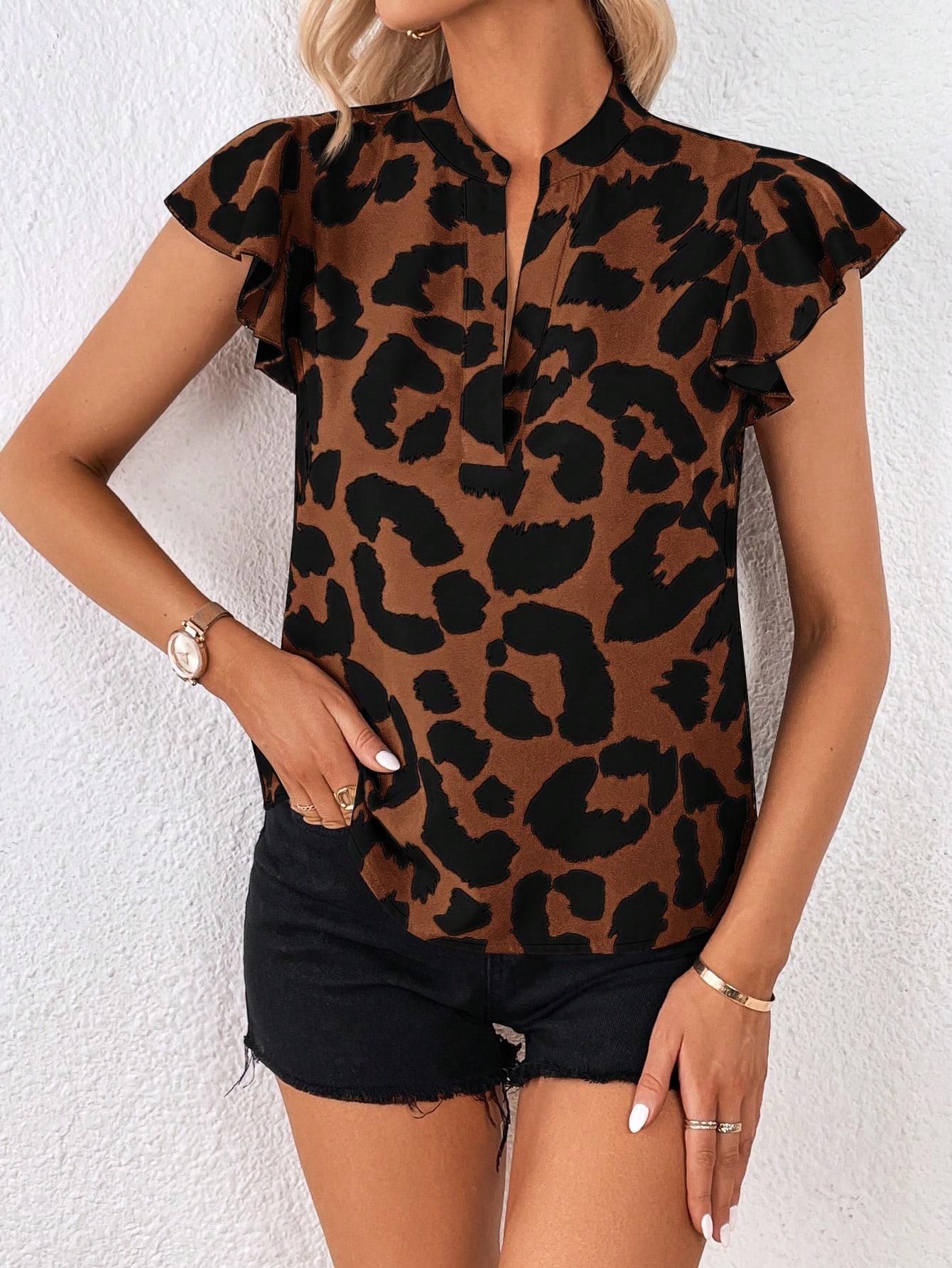 Summer Shirts Allover Print Notched Neckline Butterfly Sleeve Blouse