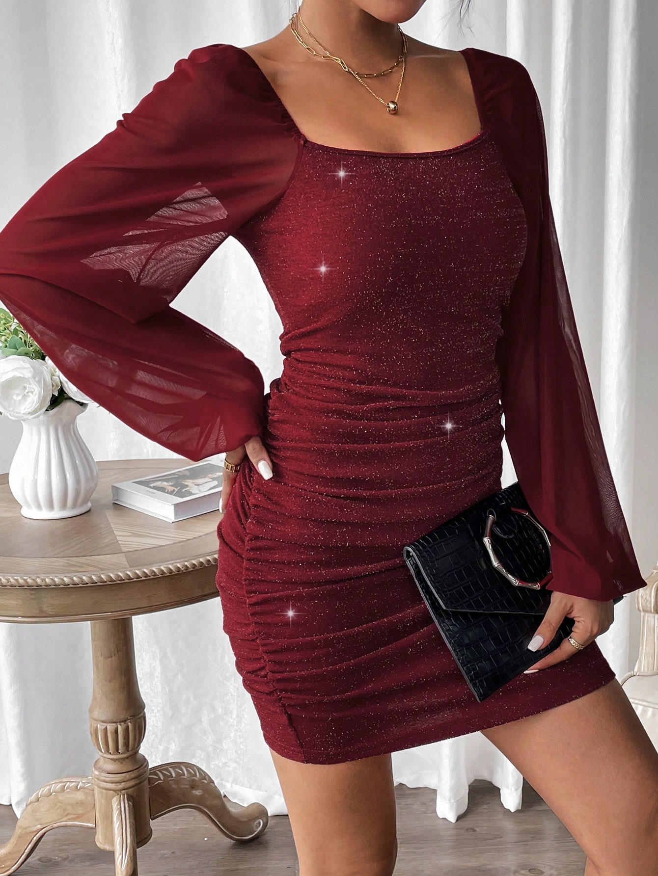 Square Neck Lantern Sleeve Ruched Side Glitter Bodycon Dress