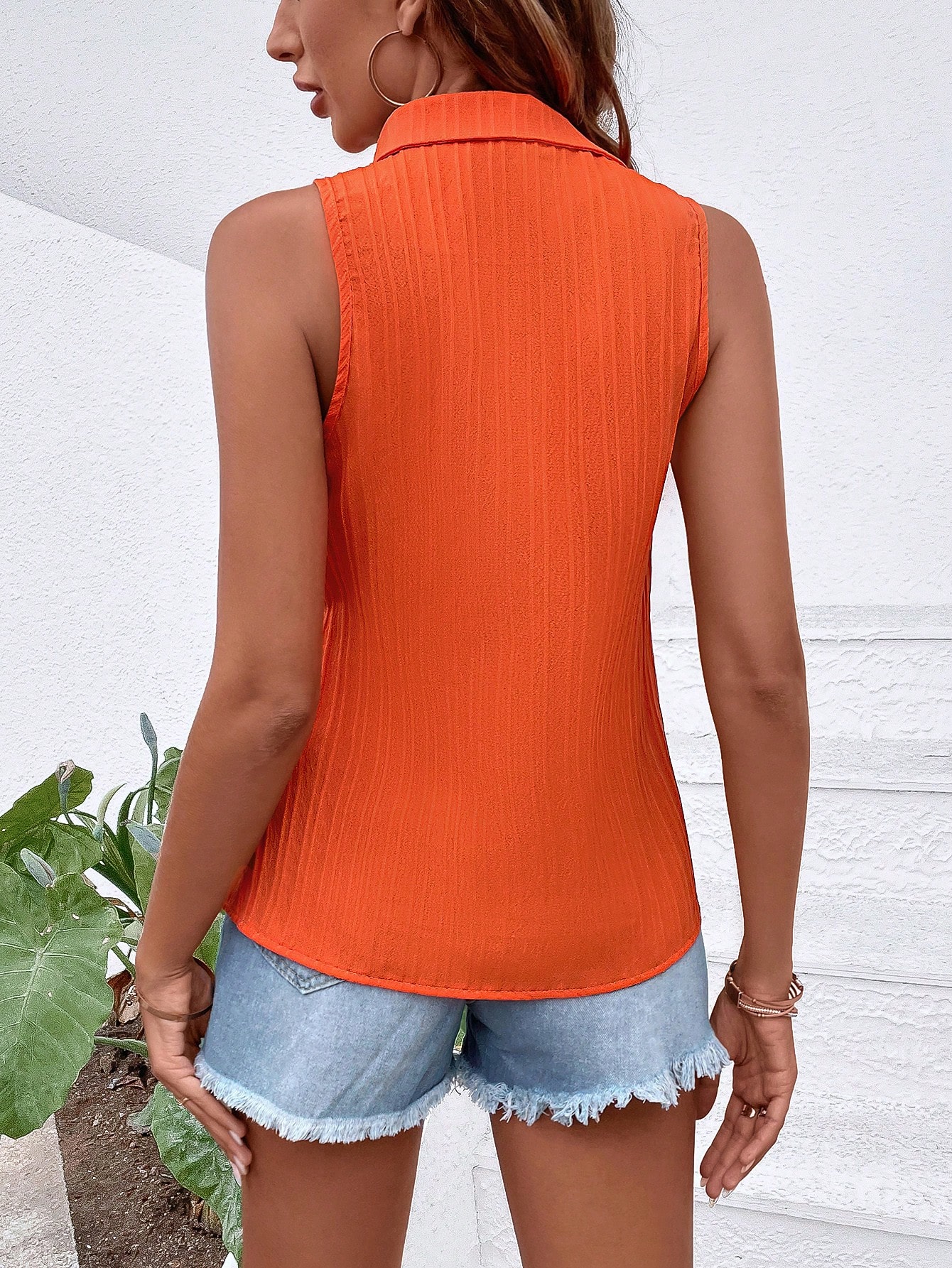 Solid Button Front Sleeveless Shirt