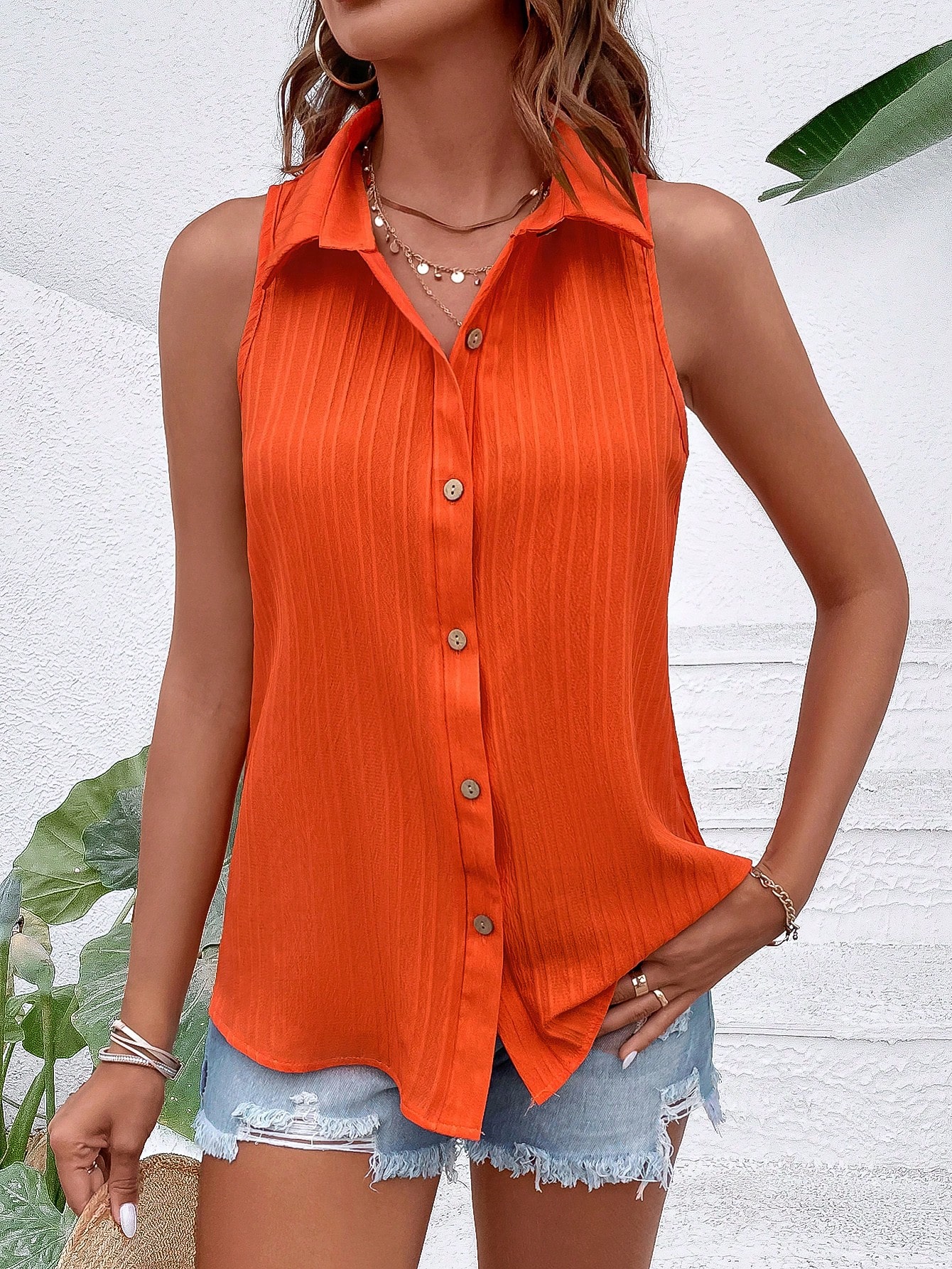 Solid Button Front Sleeveless Shirt