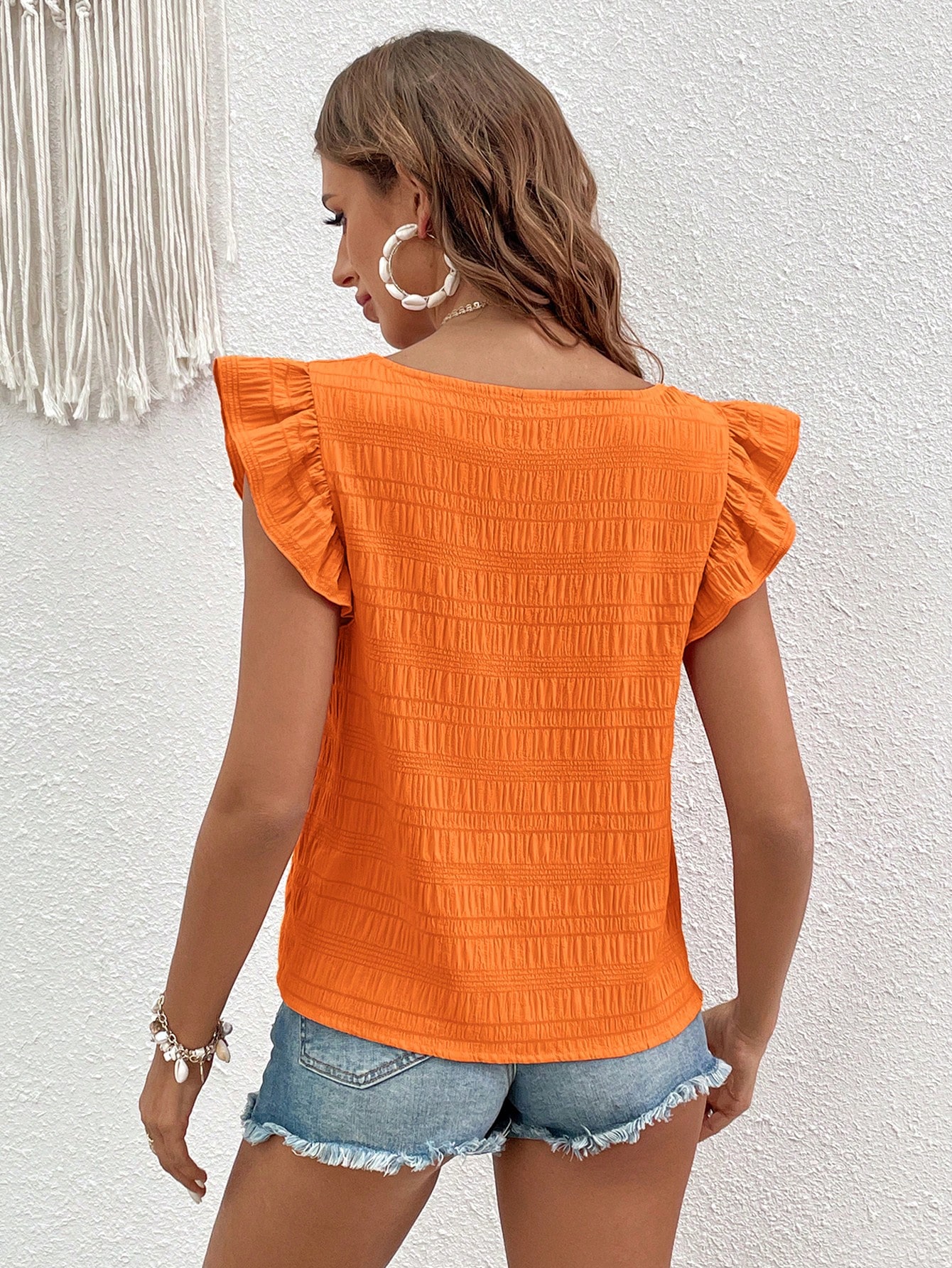 Ladies' Solid Color Texture Fabric Ruffle Decorated Square Neckline Shirt Spring Tops