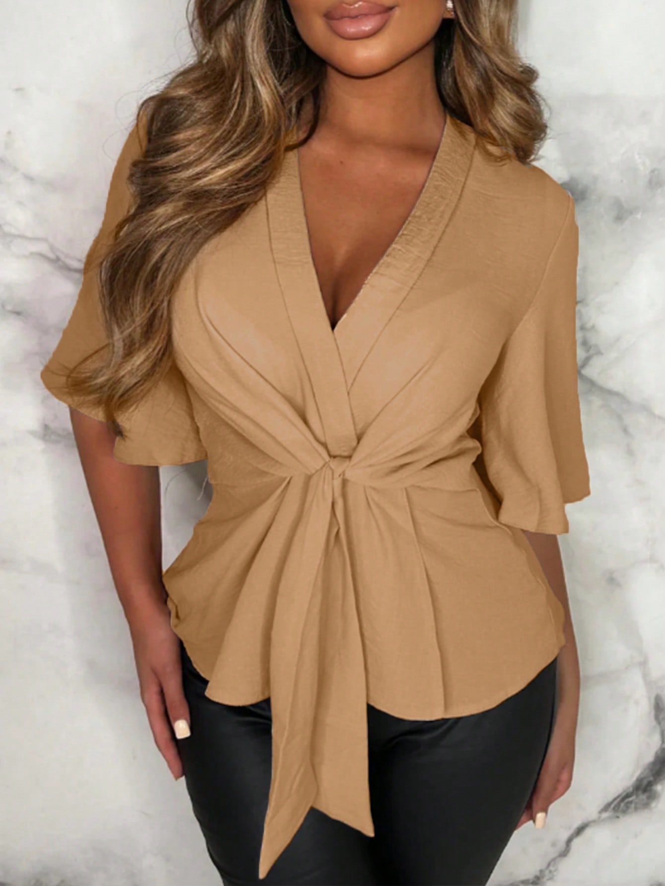 Women's Solid Color V-Neck Waist-Tie Ruffle Sleeve Blouse