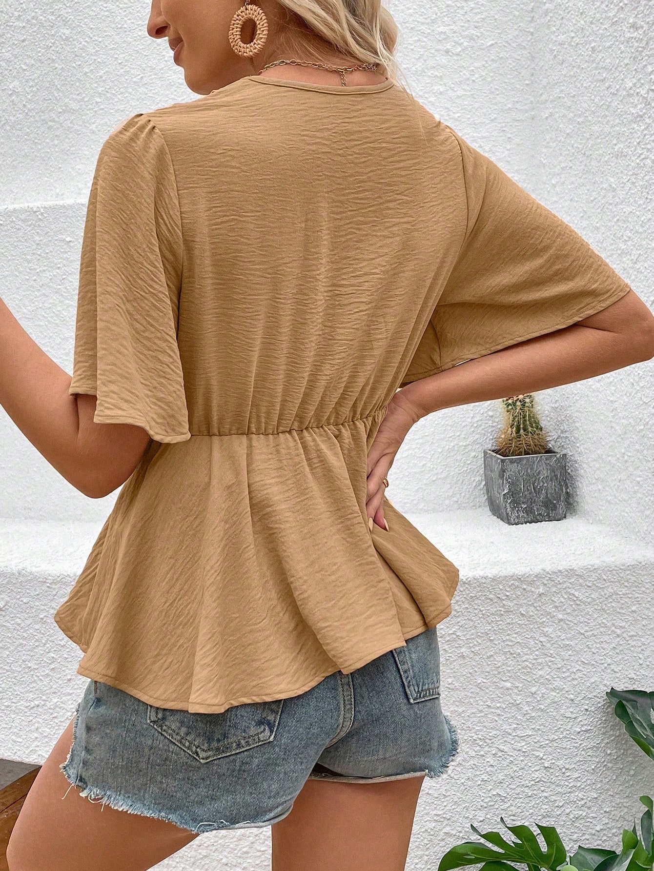 Women's Solid Color V-Neck Waist-Tie Ruffle Sleeve Blouse