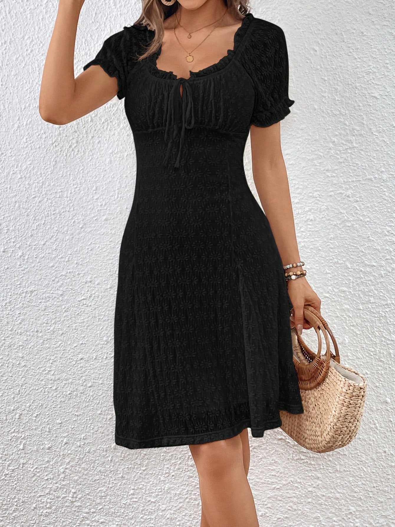 Ladies' Vacation Puff Sleeve Textured Dress