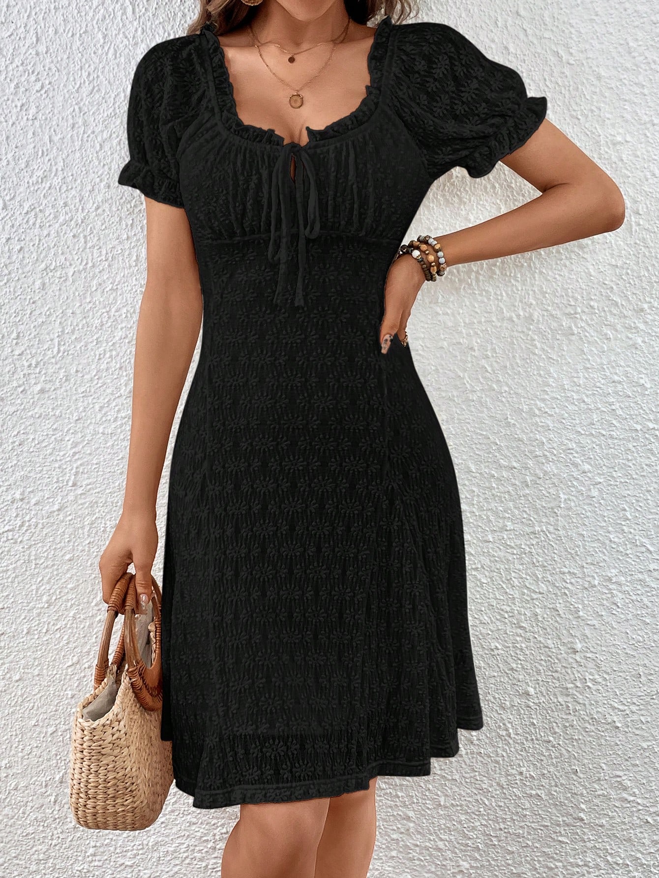 Ladies' Vacation Puff Sleeve Textured Dress