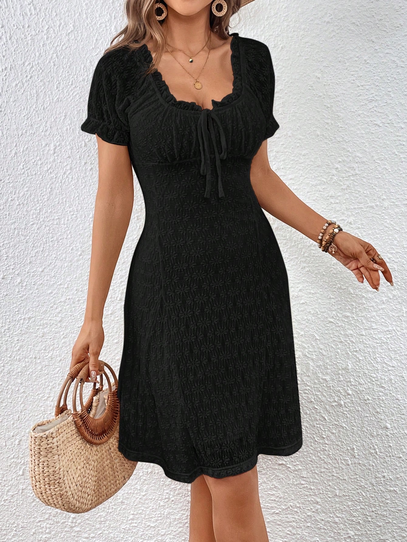 Ladies' Vacation Puff Sleeve Textured Dress