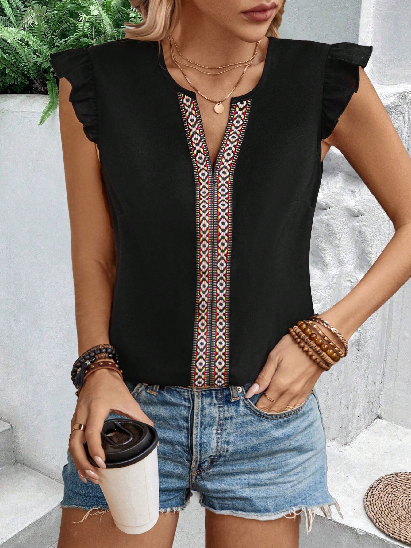 Women'S Geometric Woven Strap Sleeveless Casual Blouse