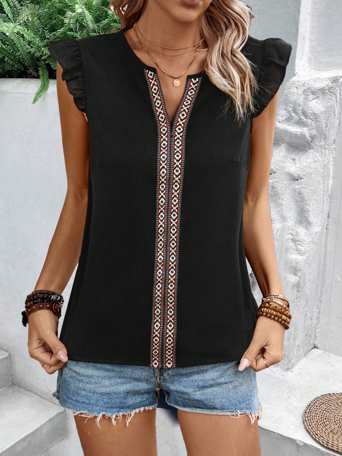 Women'S Geometric Woven Strap Sleeveless Casual Blouse