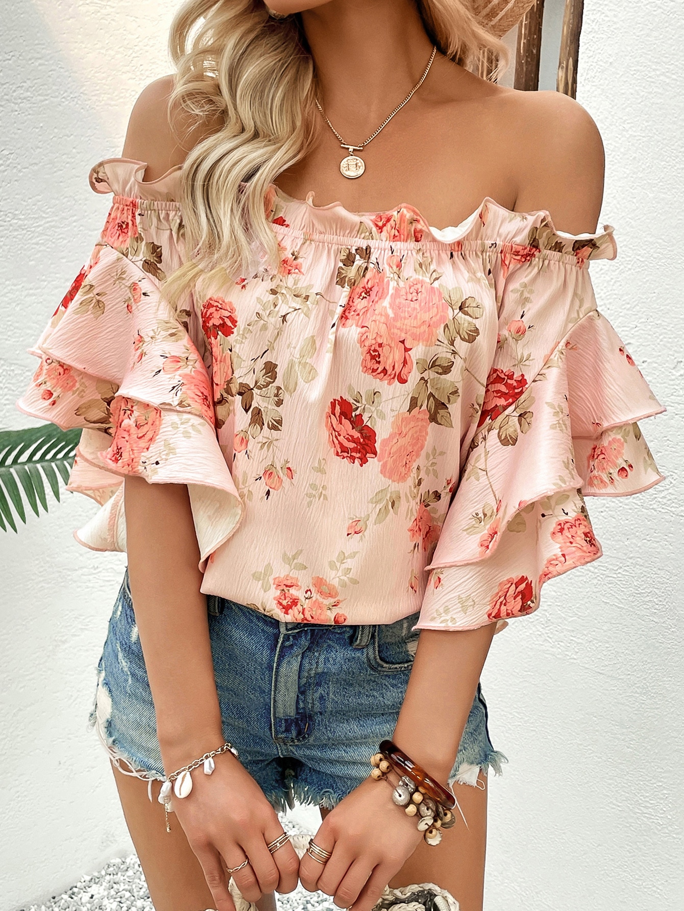 WYWH Floral Print Off Shoulder Ruffle Trim Flounce Sleeve Blouse