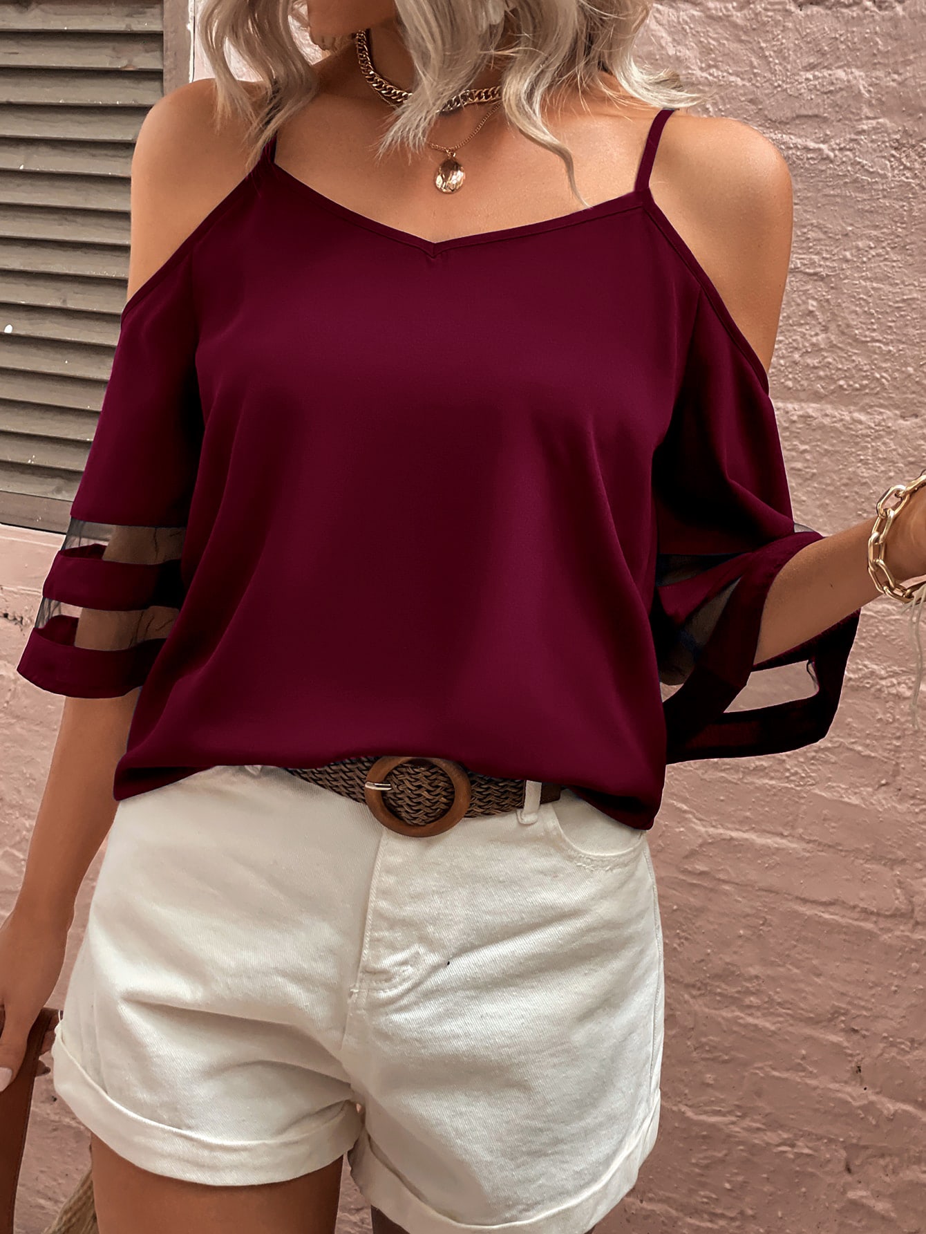 Solid Cold Shoulder Contrast Mesh Insert Blouse