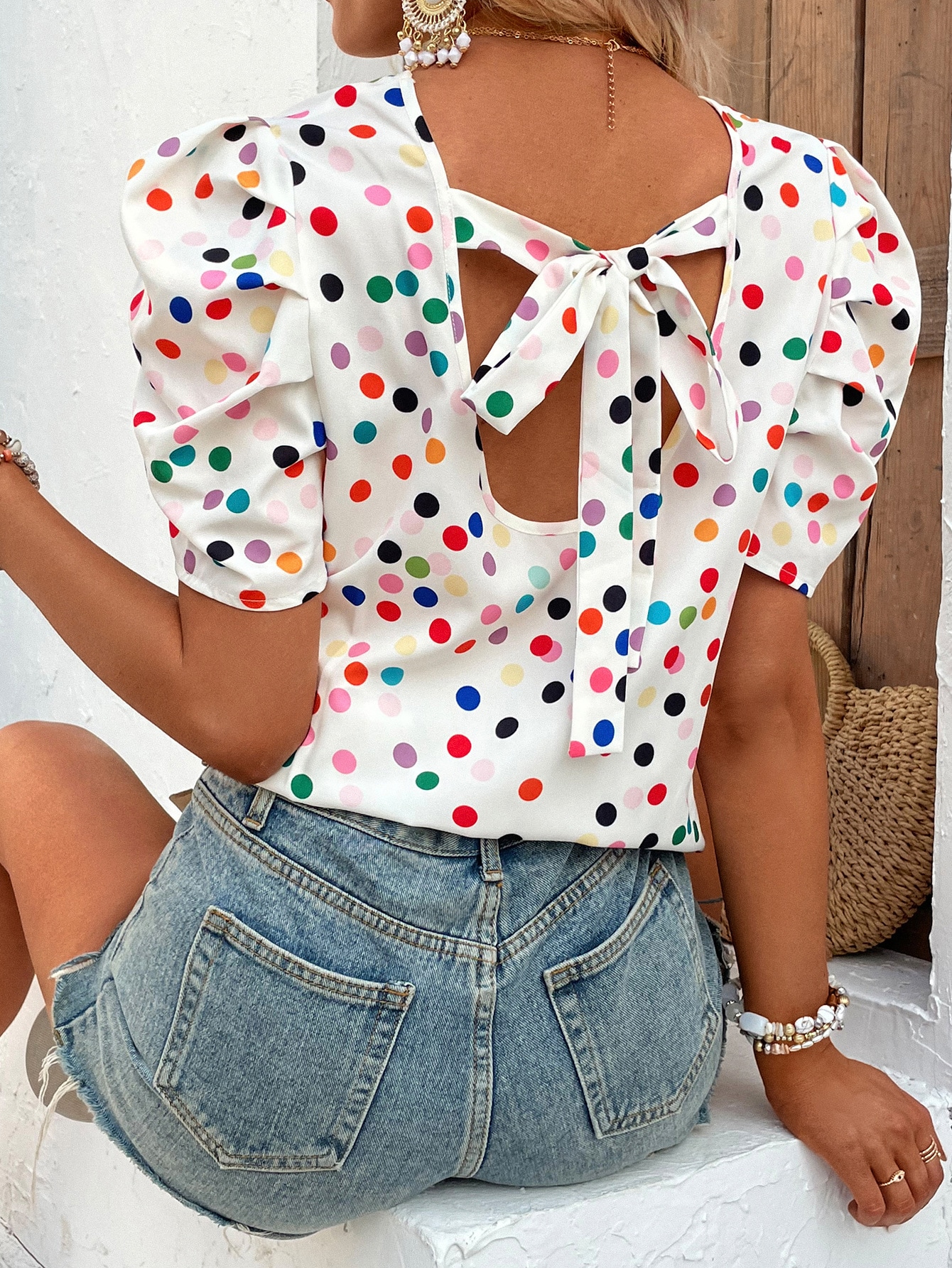 Polka Dot Print Tie Back Puff Sleeve Blouse