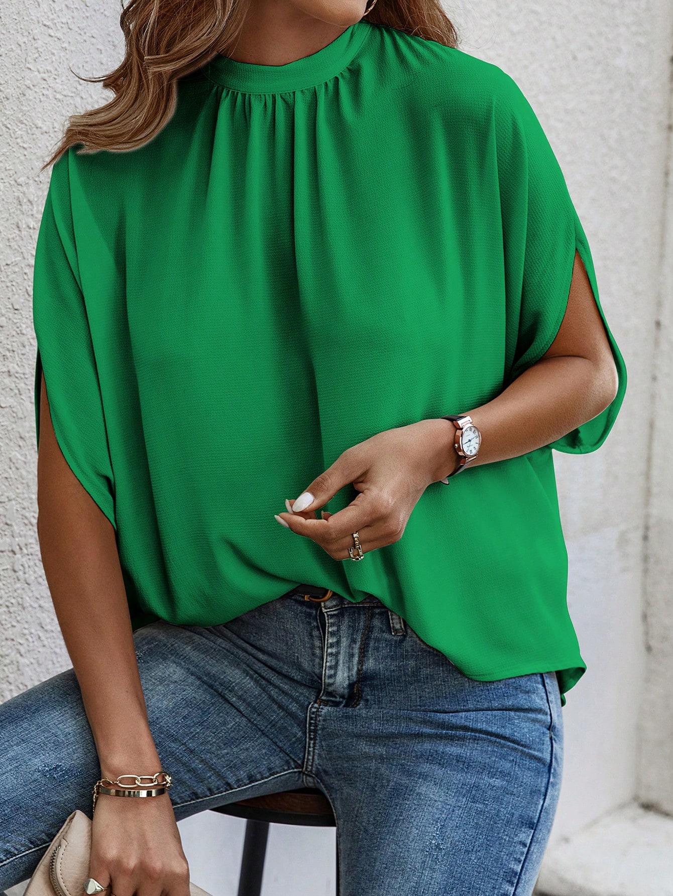 Tie Back Batwing Sleeve Solid Blouse